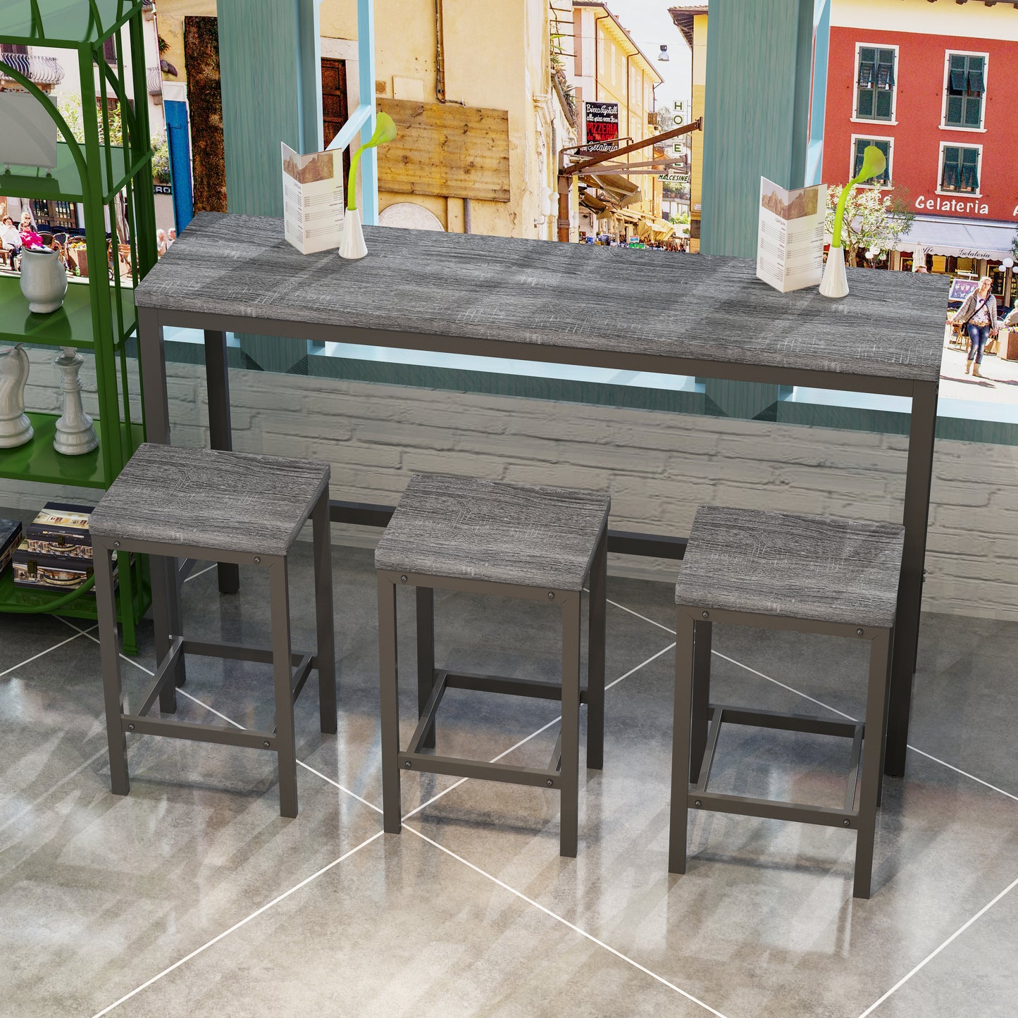 Industrial style bar table with distressed grey wood top and dark metal frame
