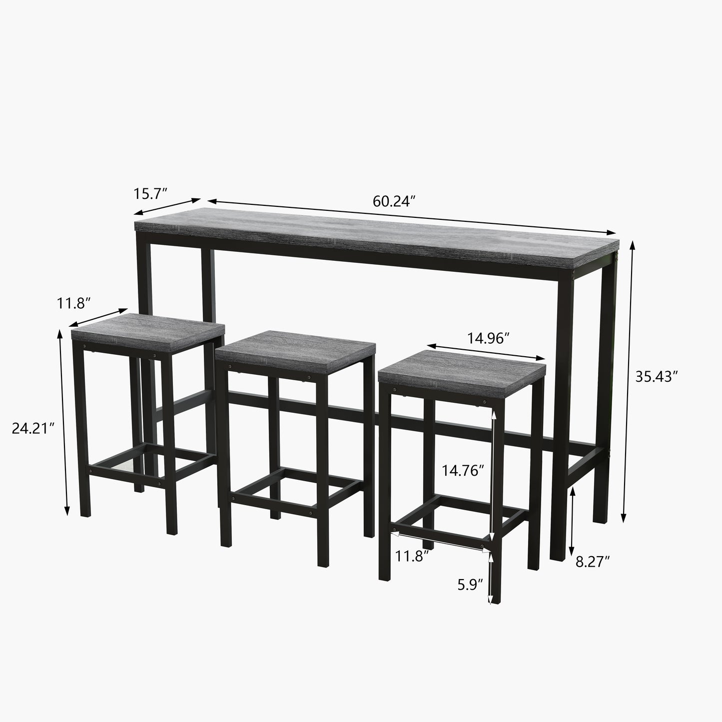 Gray wash wood top bar table with three stools