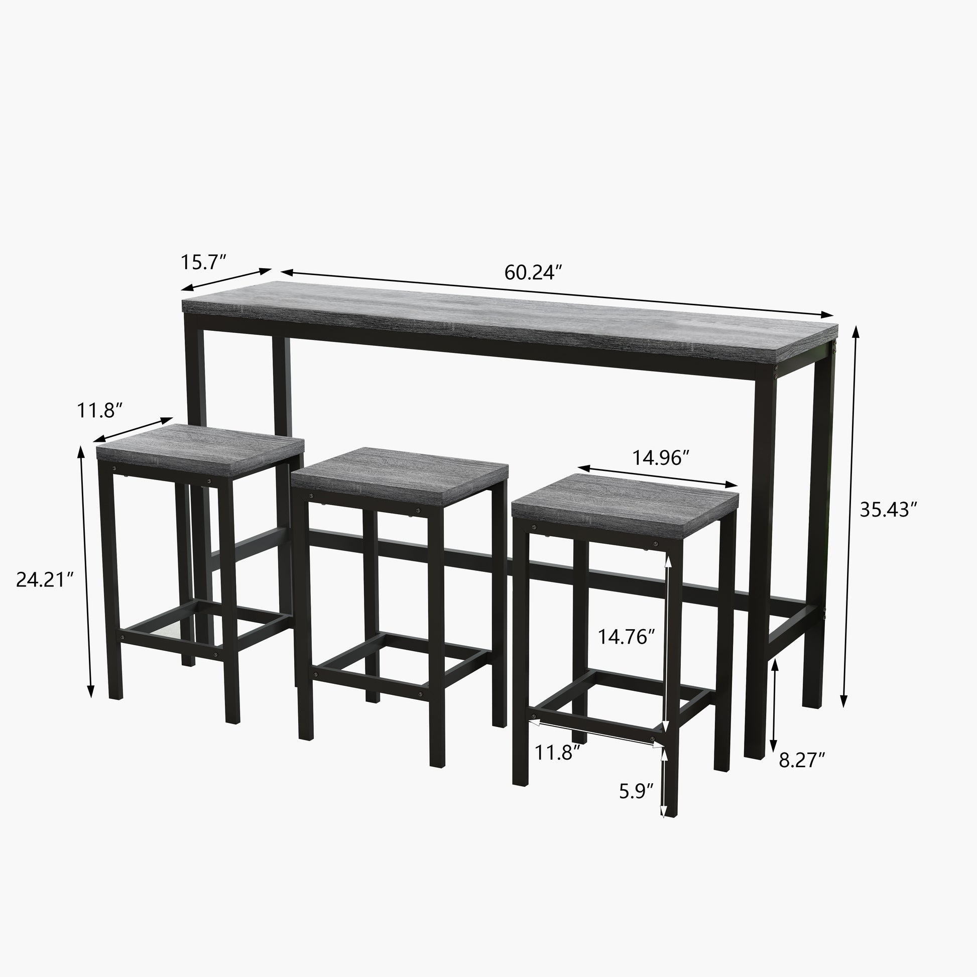 Gray wash wood top bar table with three stools