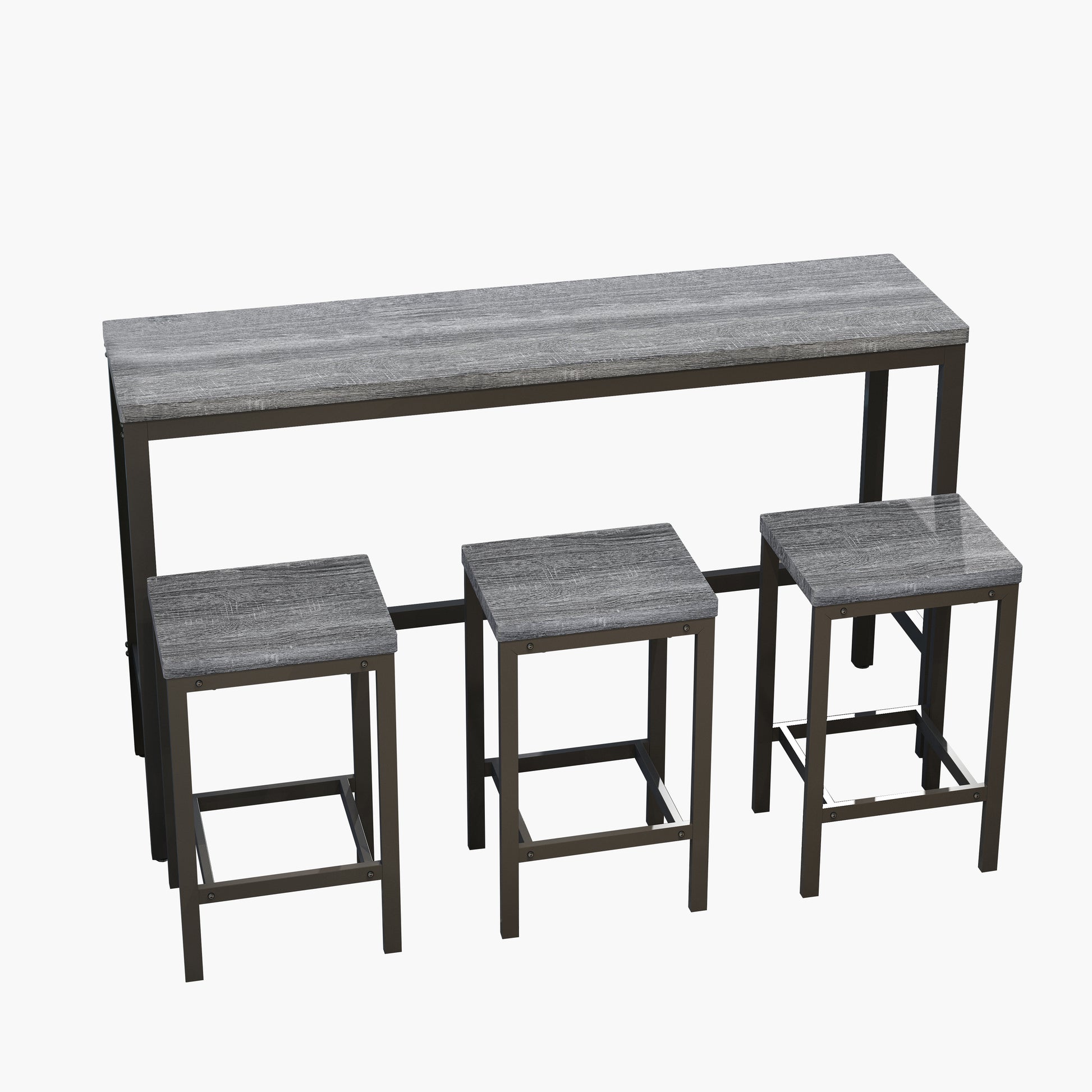 Gray wood grain bar table with three matching stools