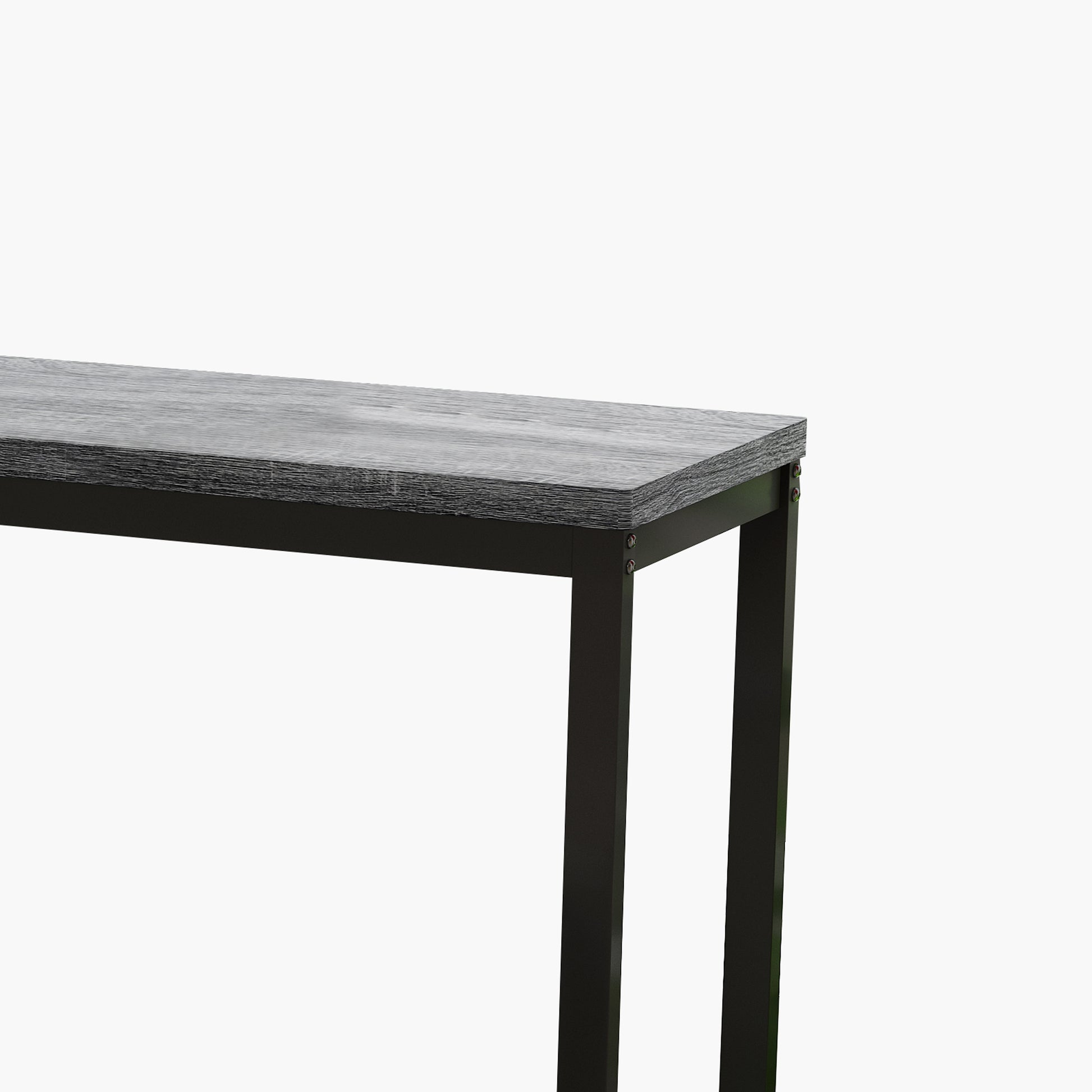 Distressed gray wood texture tabletop on a black metal console table