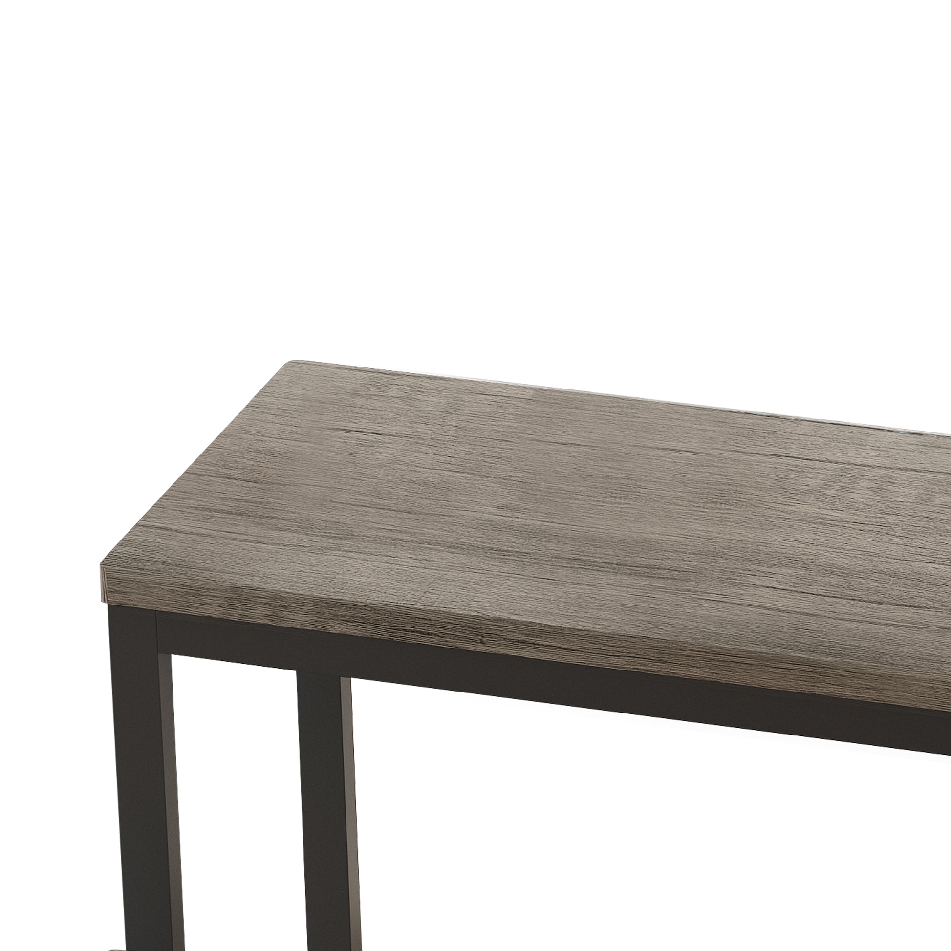 Closeup of a grey wood grain console table top with black metal legs