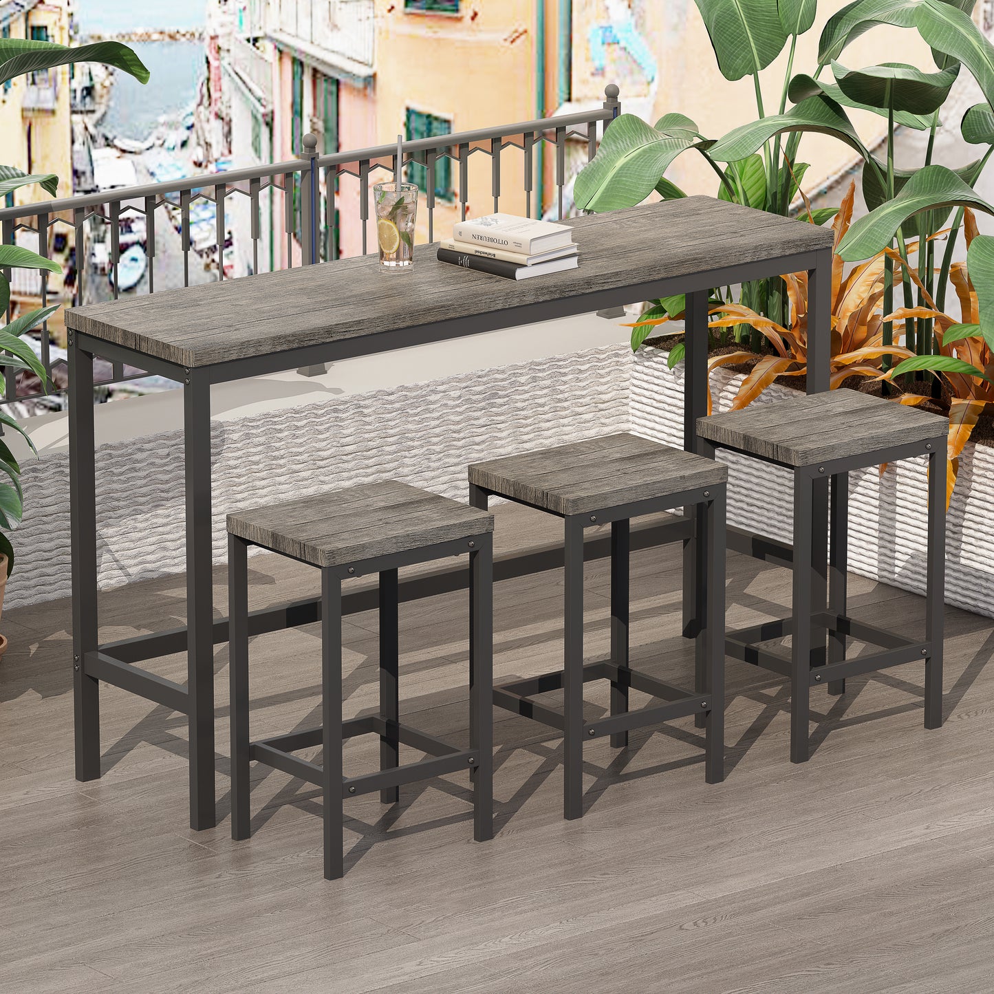 Rustic gray wood top bar table with metal frame and three stools