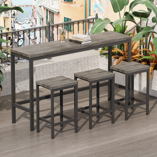 Rustic gray wood top bar table with metal frame and three stools