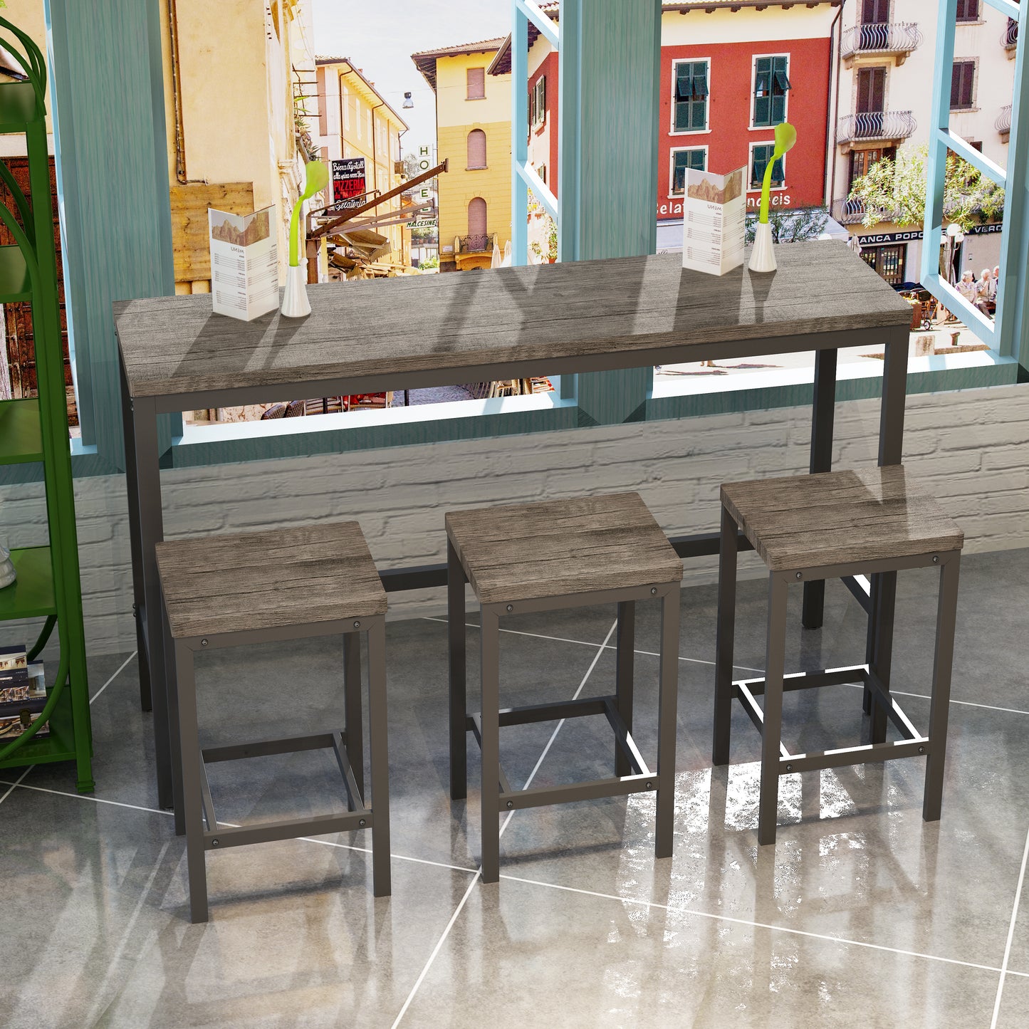 Rustic wood and metal bar table set