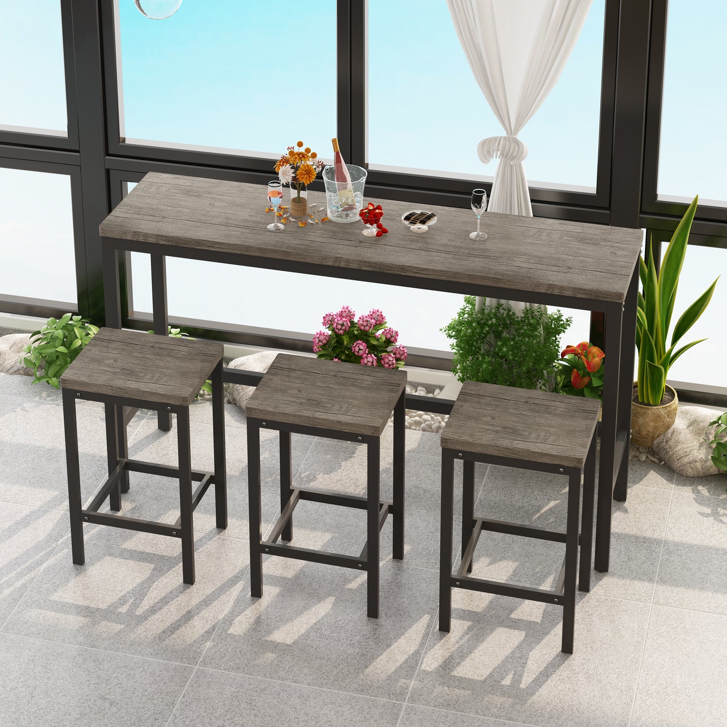 Rustic gray wood and black metal bar table with three stools