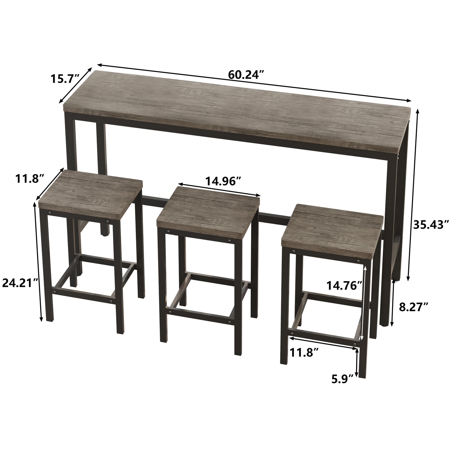 Rustic wood bar table with three matching stools and black metal frame