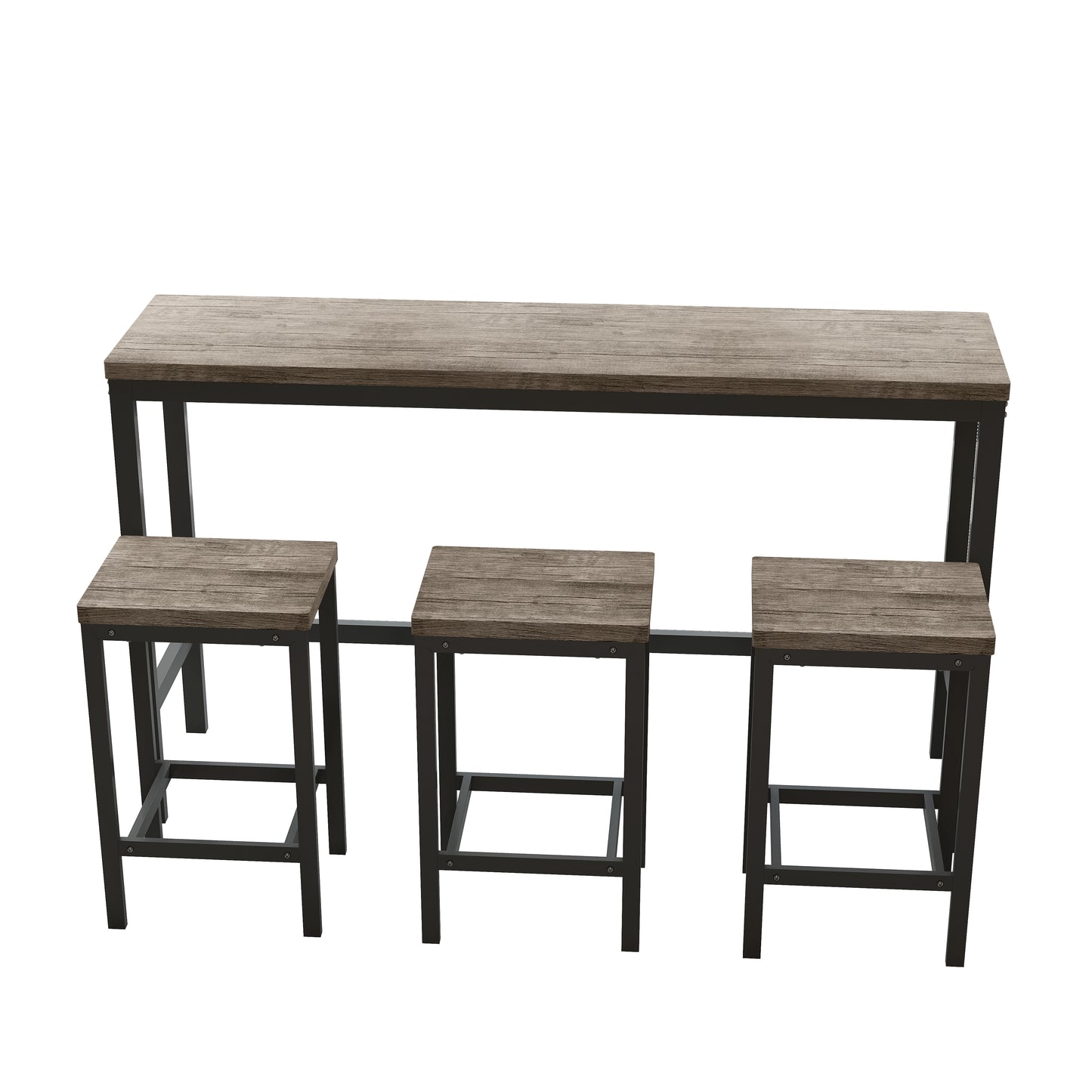Rustic wood and black metal bar table set with three stools
