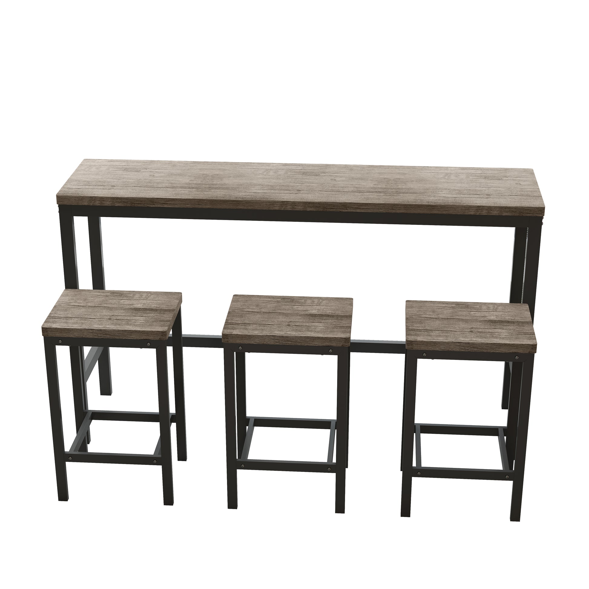 Rustic wood and black metal bar table set with three stools