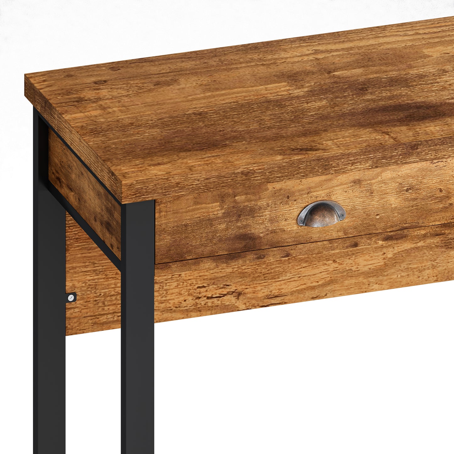Rustic wood console table with metal frame and drawer pull