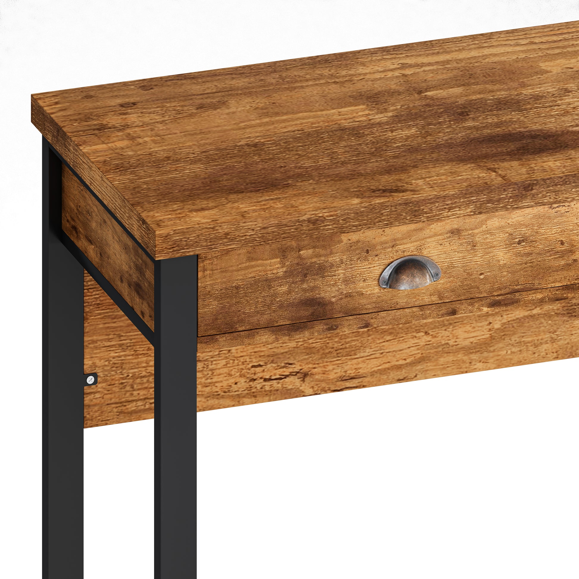 Rustic wood console table with metal frame and drawer pull