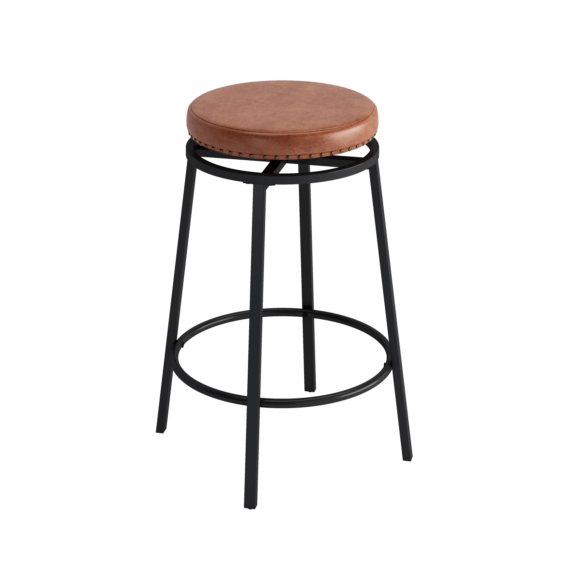 Round brown leatherette bar stool with black metal legs