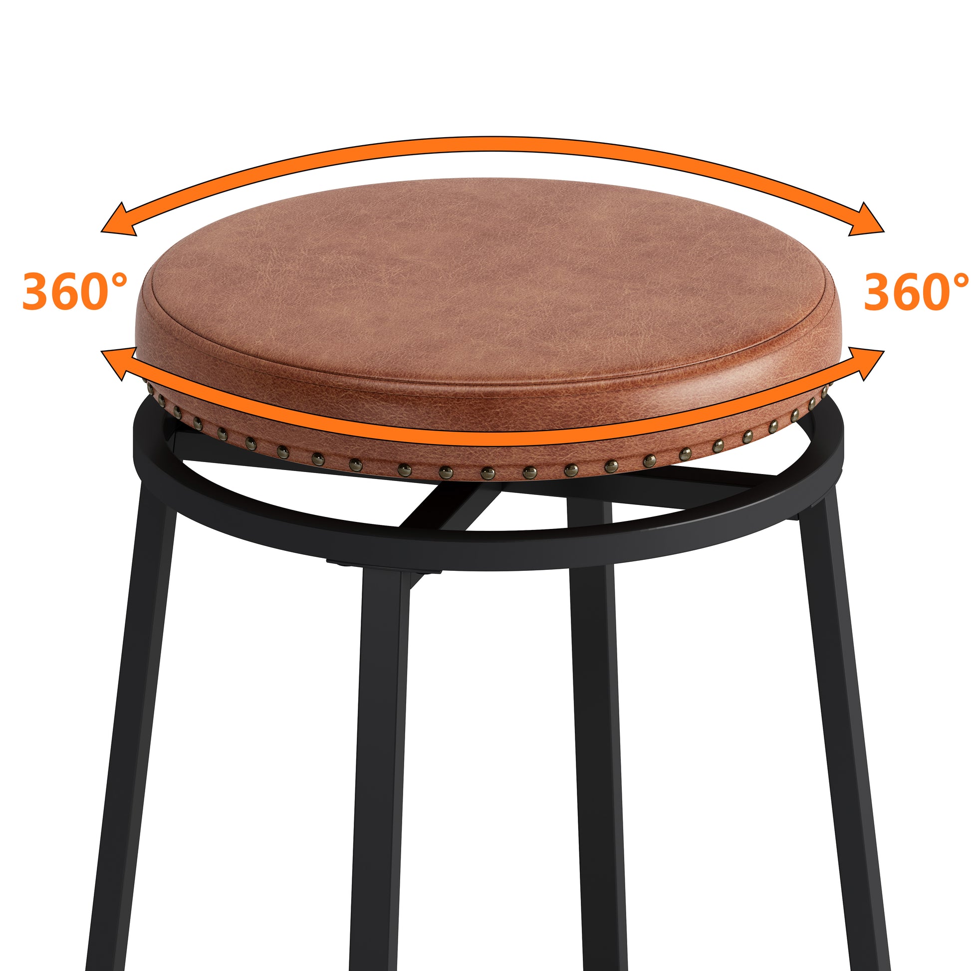 Brown faux leather swivel bar stool with studded trim and black metal base
