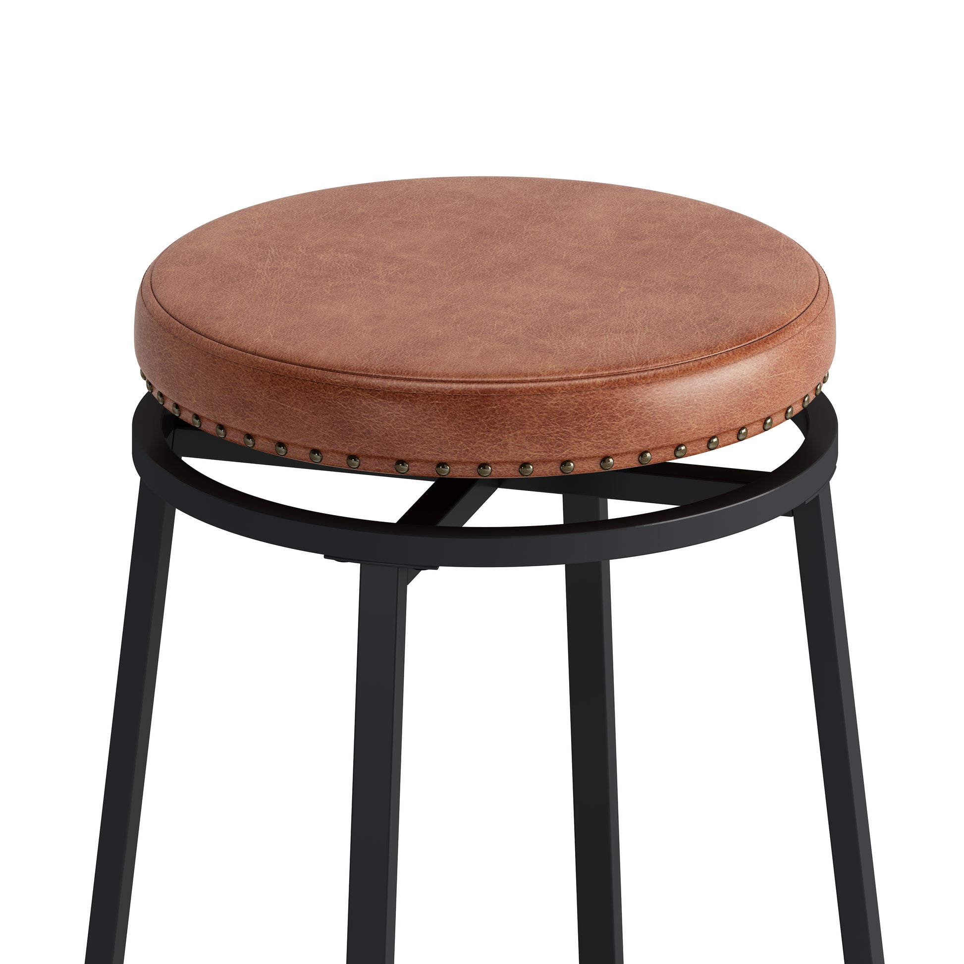 Brown faux leather round stool with brass nailhead trim and black metal legs