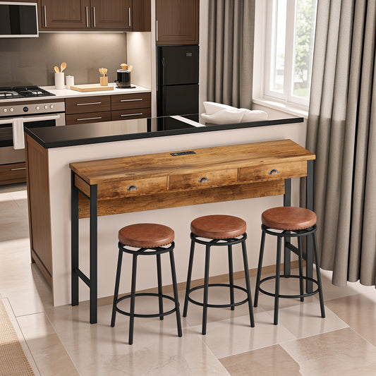 Rustic wood bar with three brown leatherette stools in a modern kitchen setting