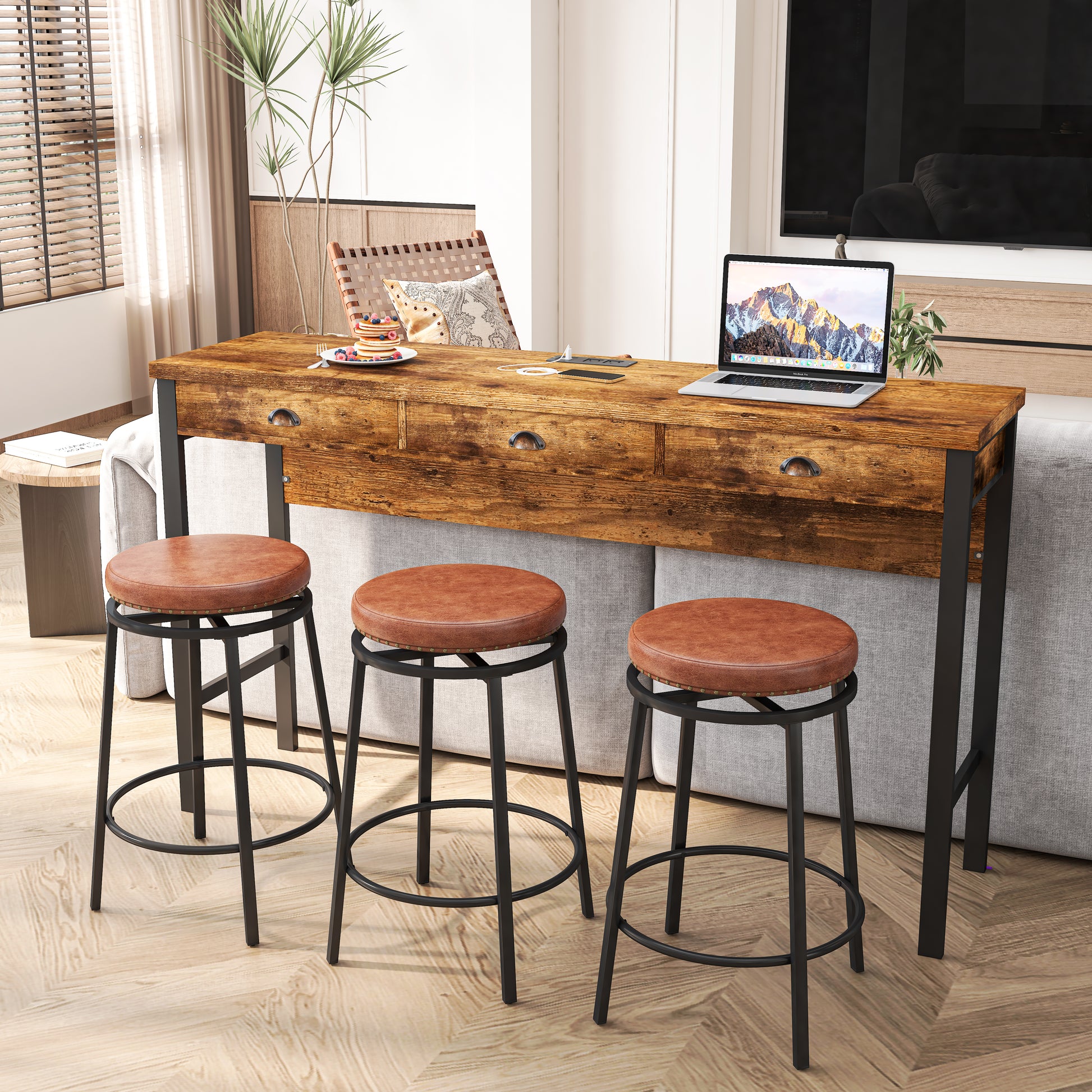 Rustic wood console table with  brown faux leather bar stools