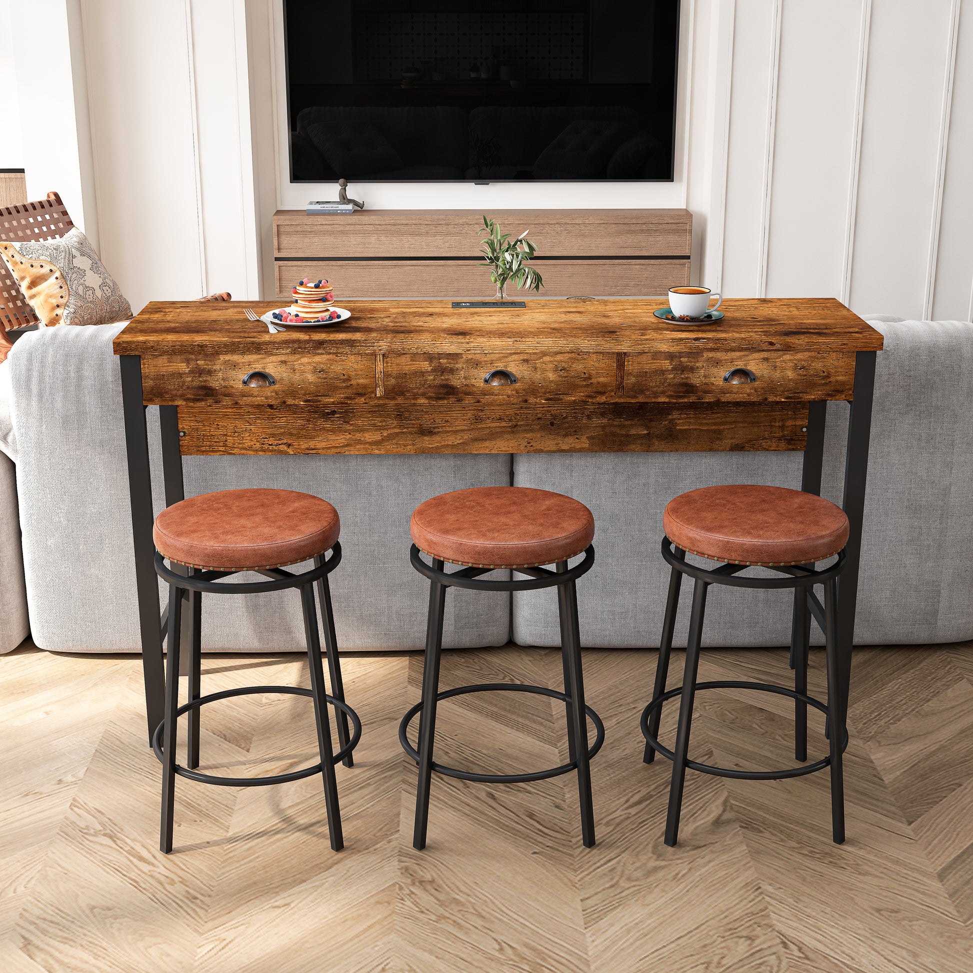Rustic wooden console table with three drawers and metal legs