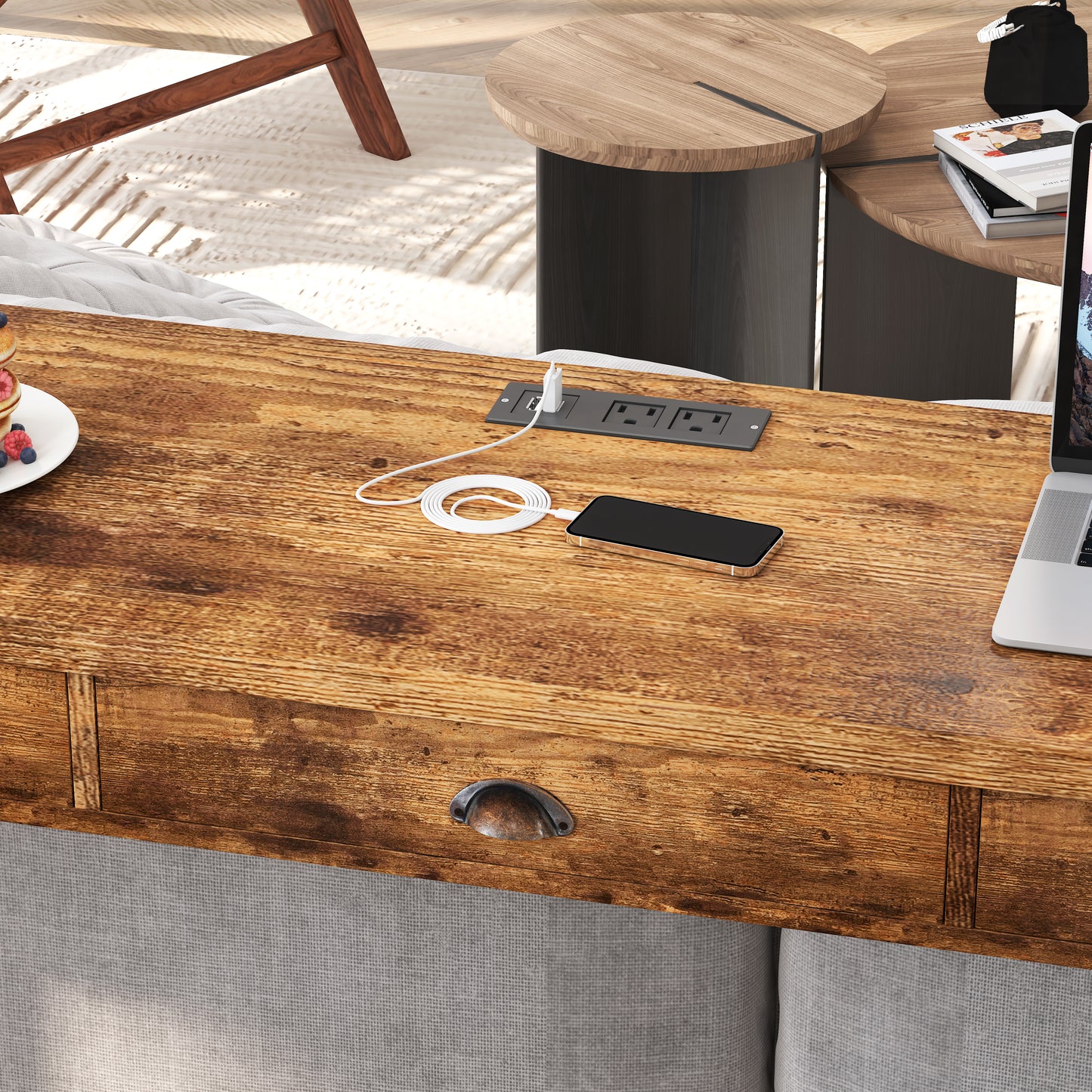 Rustic wood console table with builtin USB charging station for modern living