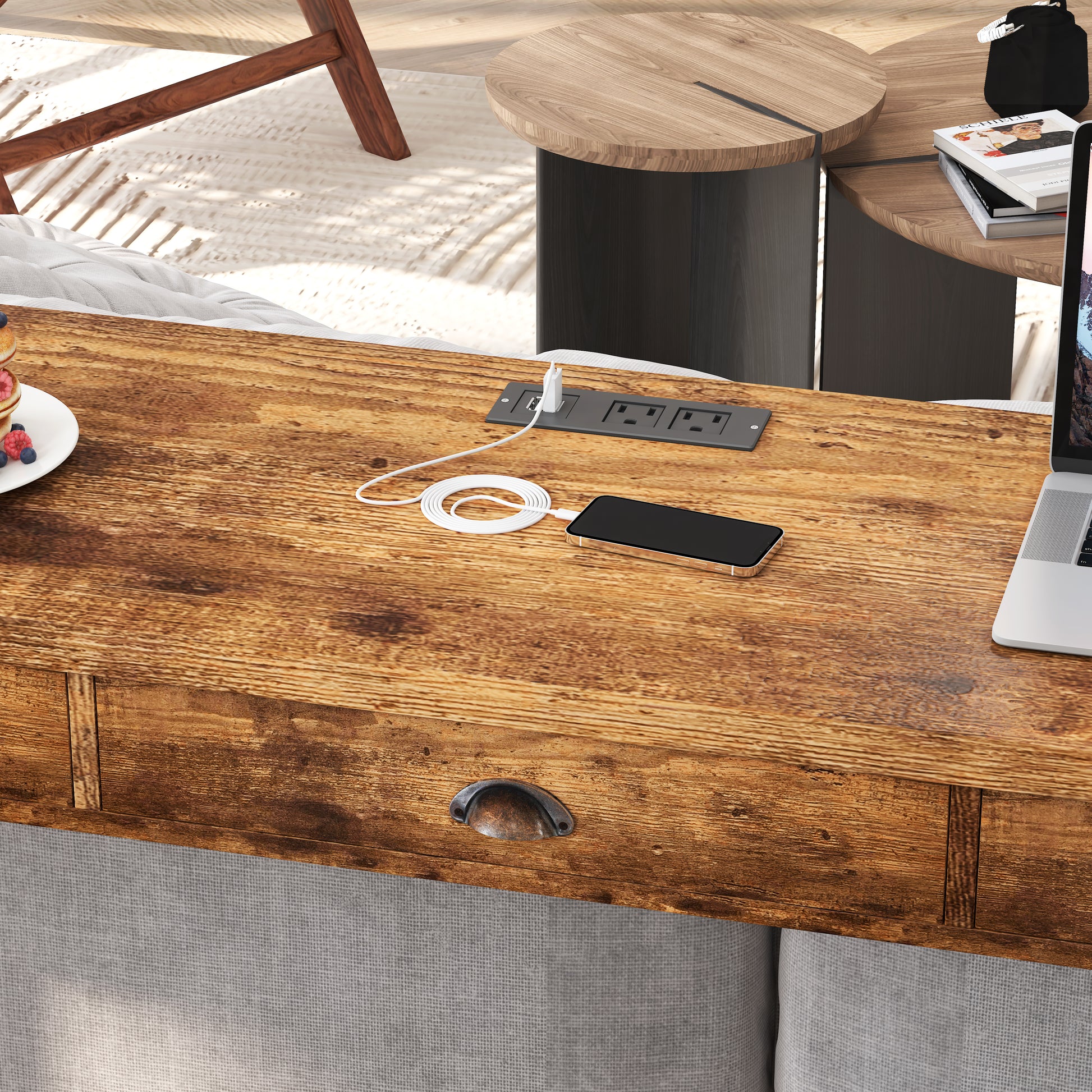 Rustic wood console table with builtin USB charging station for modern living