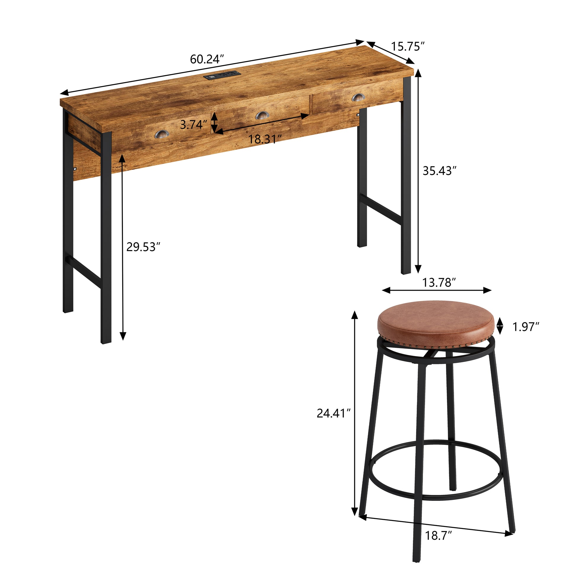 Rustic wood console table with black metal frame and two drawers