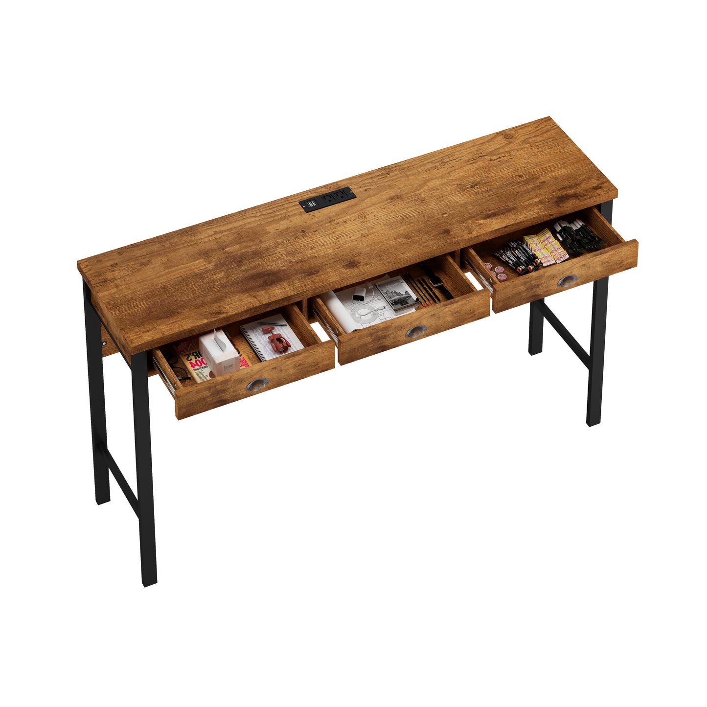 Rustic brown wood desk with three open drawers containing office supplies