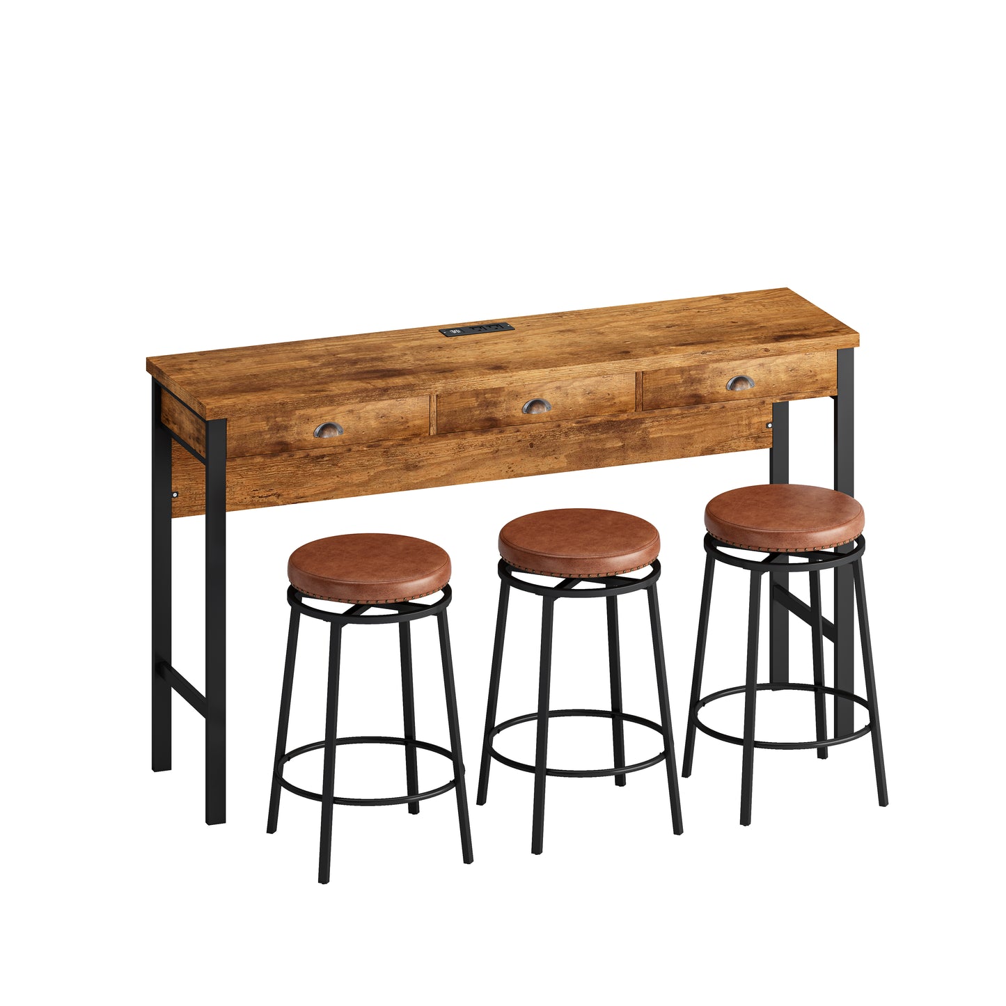 Rustic wood bar table with three brown faux leather stools