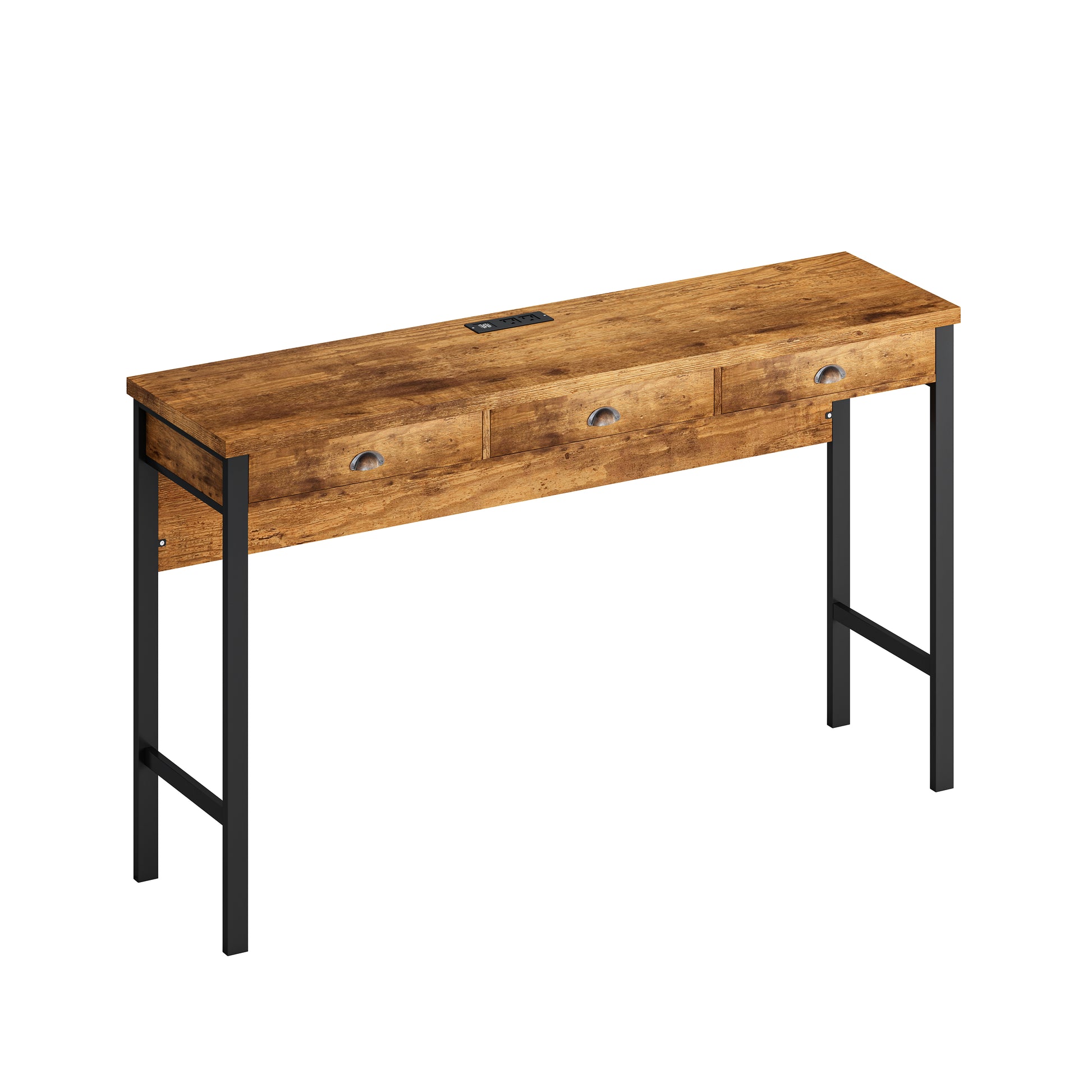 Rustic brown console table with three drawers and integrated power outlet