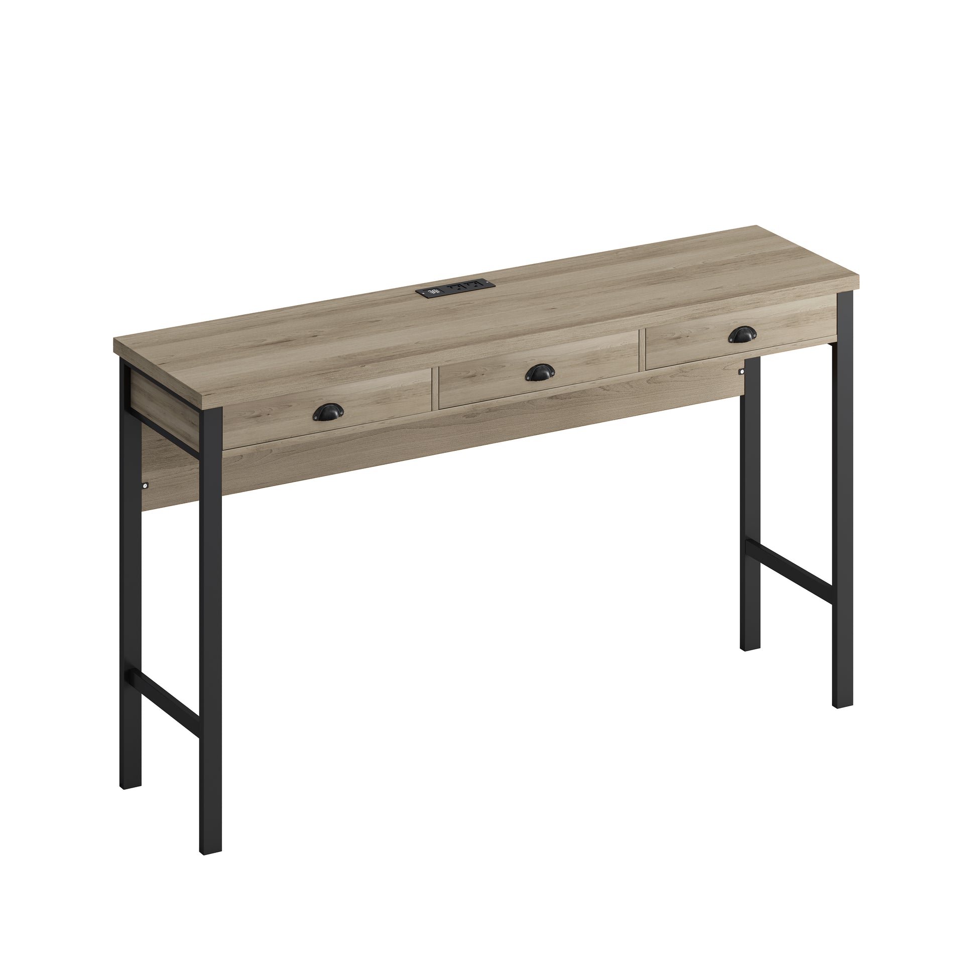Rustic oak console table with three drawers and builtin power outlet