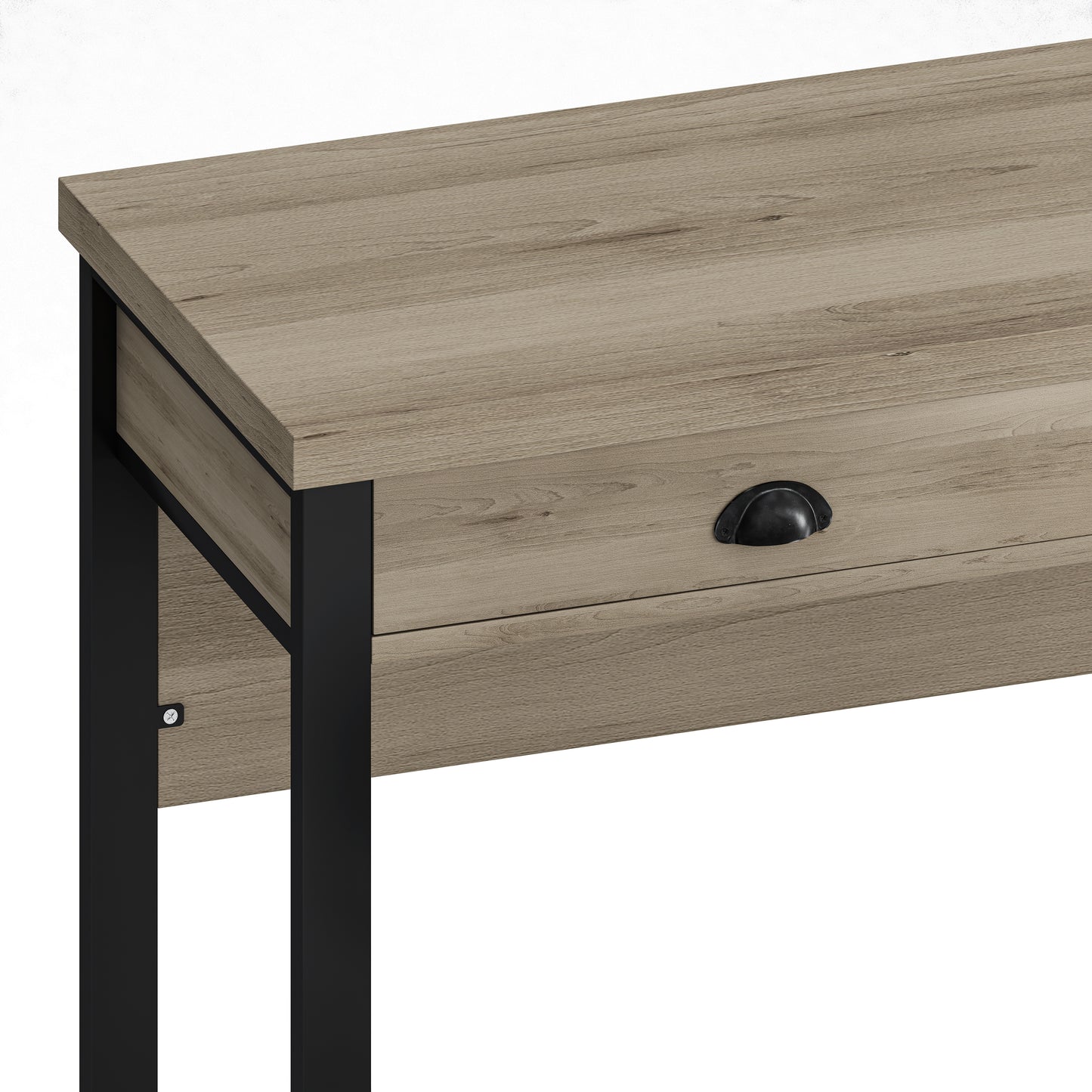 Rustic oak veneer console table with black metal legs and drawer
