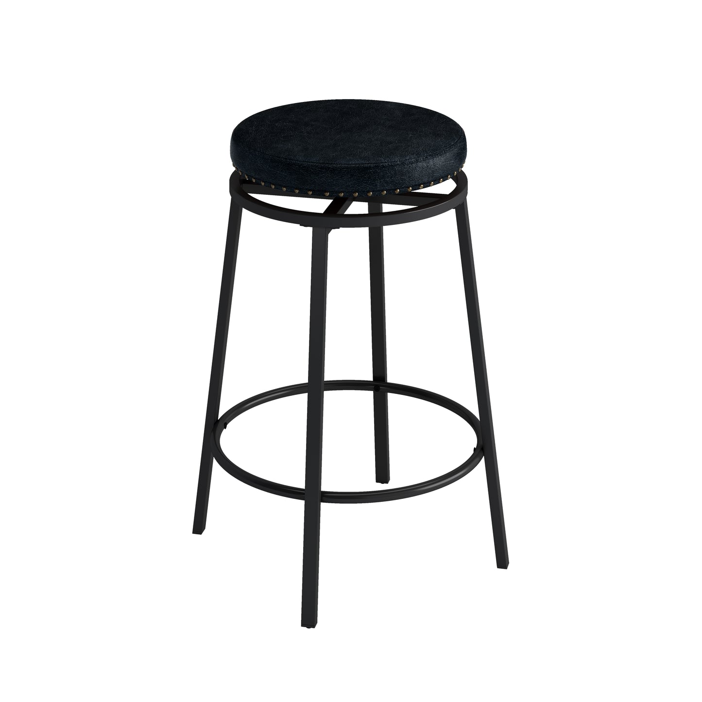 Black leatherette bar stool with studded trim and black metal base