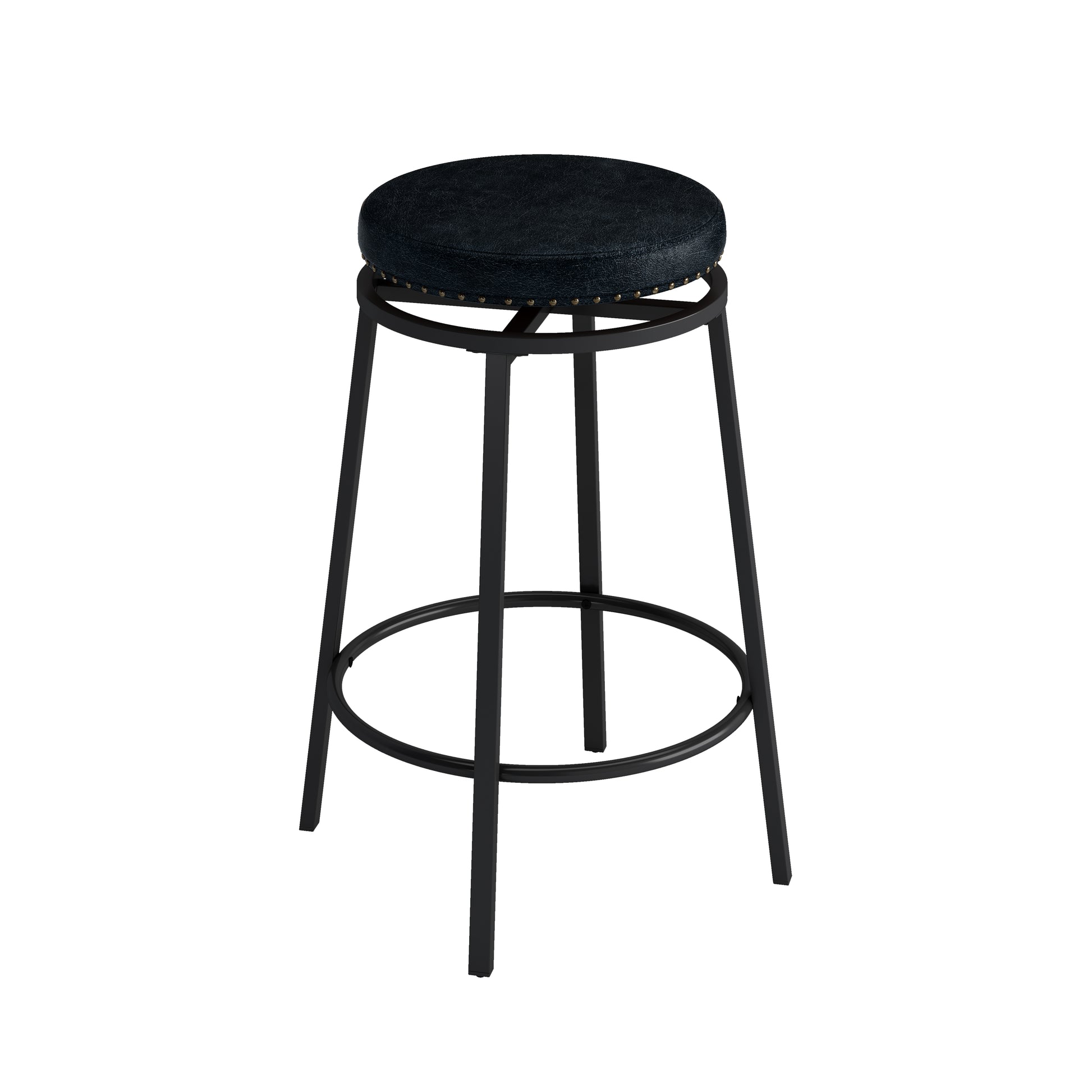 Black leatherette bar stool with studded trim and black metal base