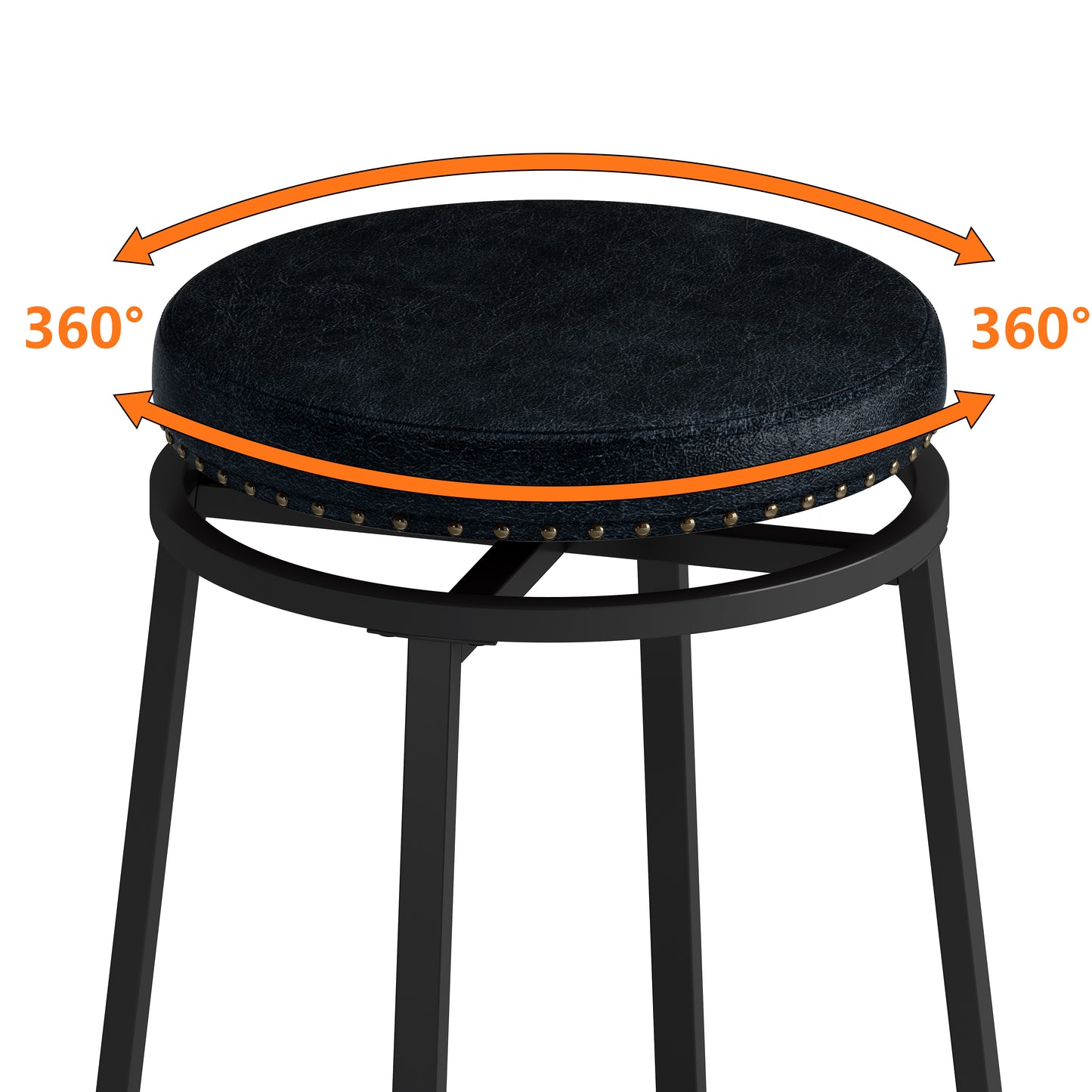 Black faux leather swivel bar stool with decorative nailheads