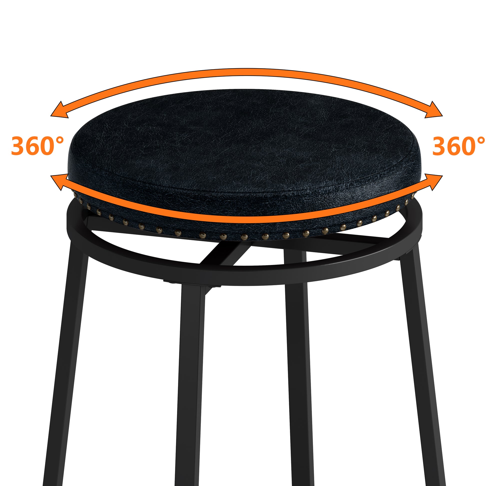 Black faux leather swivel bar stool with decorative nailheads