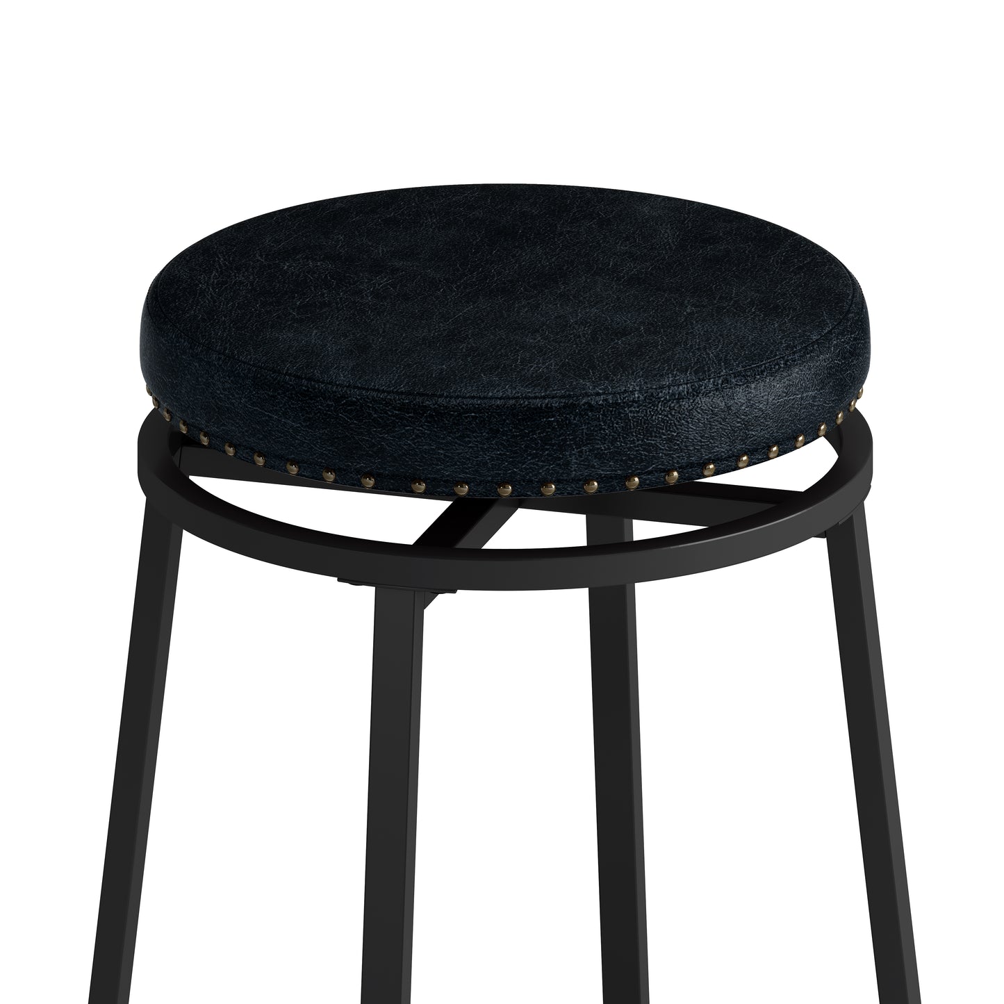 Black faux leather round stool with brass nailhead trim