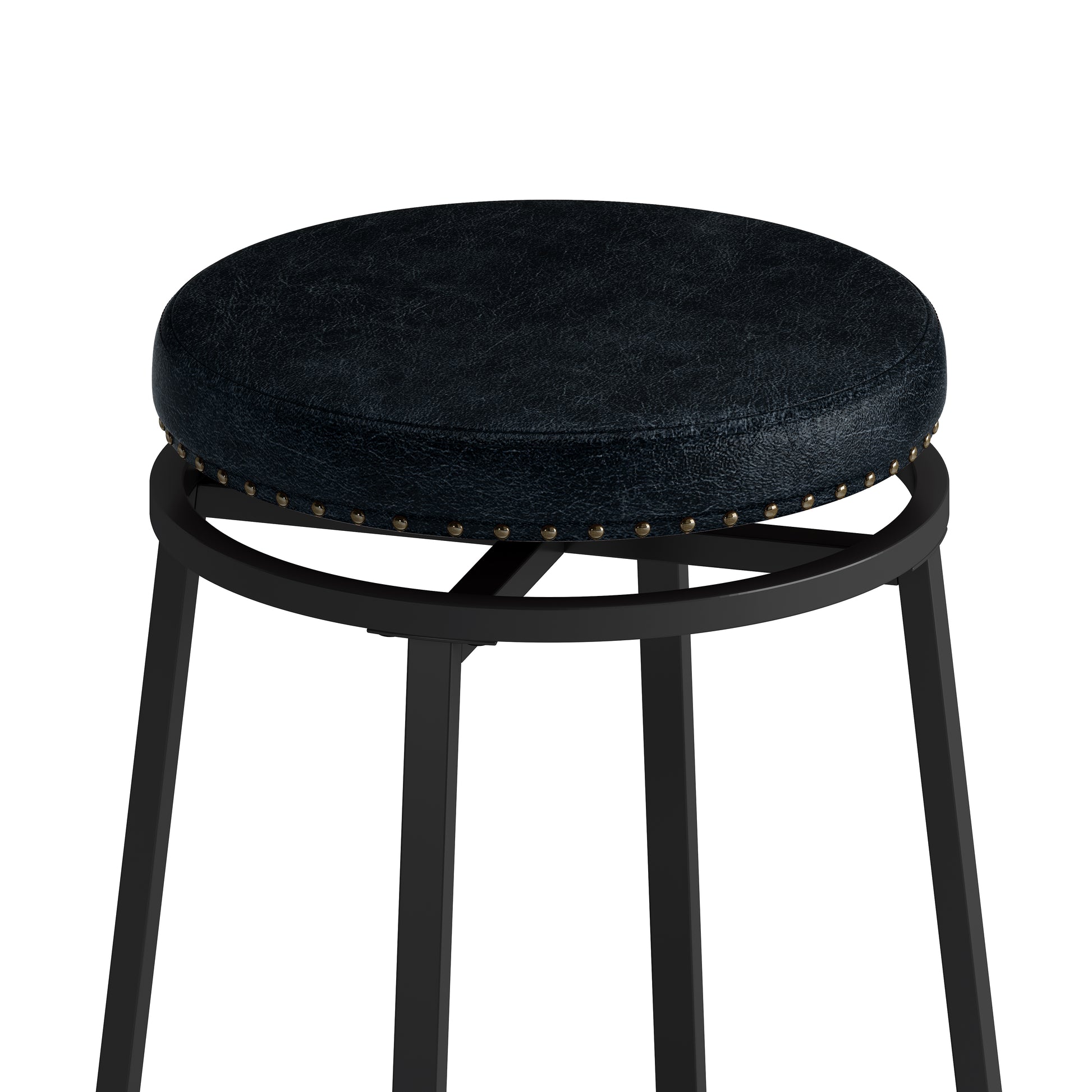 Black faux leather round stool with brass nailhead trim