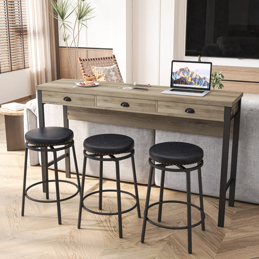 Rustic wood console table with three drawers and black metal frame