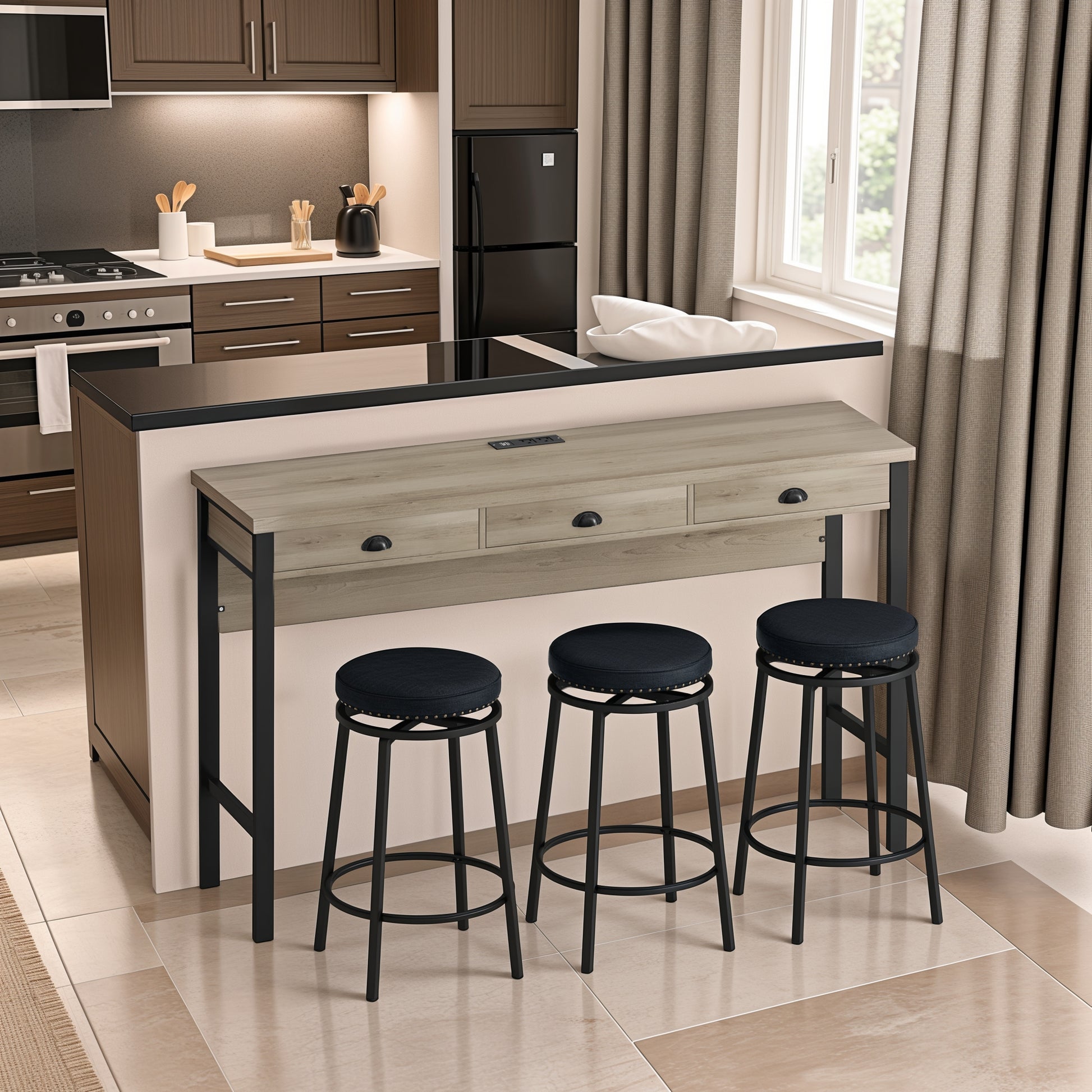 Gray wood kitchen island with three black swivel bar stools and builtin power outlet