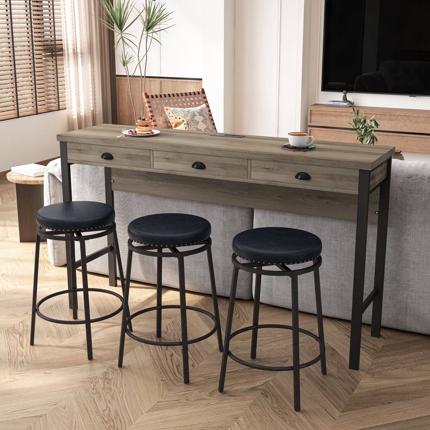 Rustic oak console table with three drawers and integrated power outlet