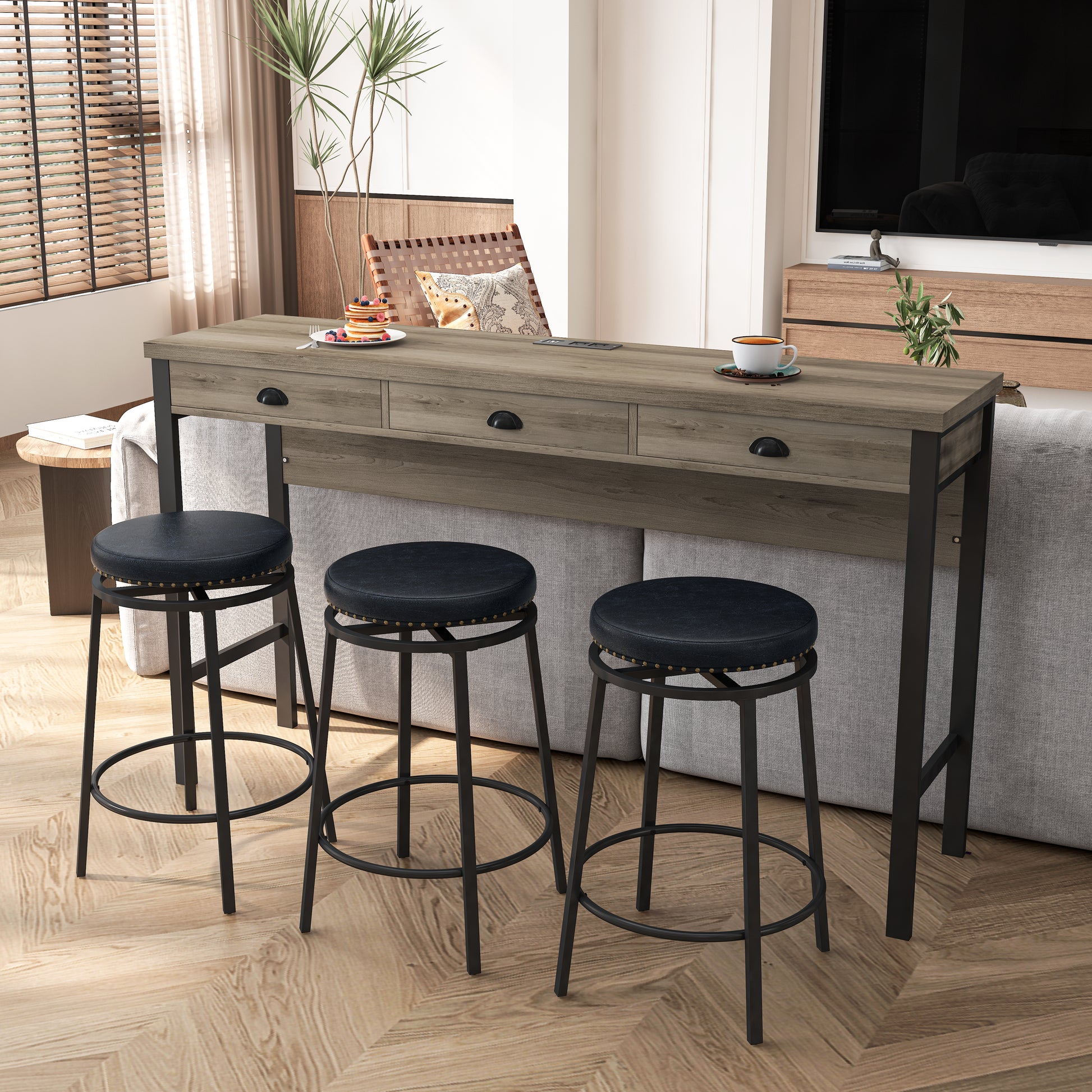 Rustic oak console table with three drawers and integrated power outlet