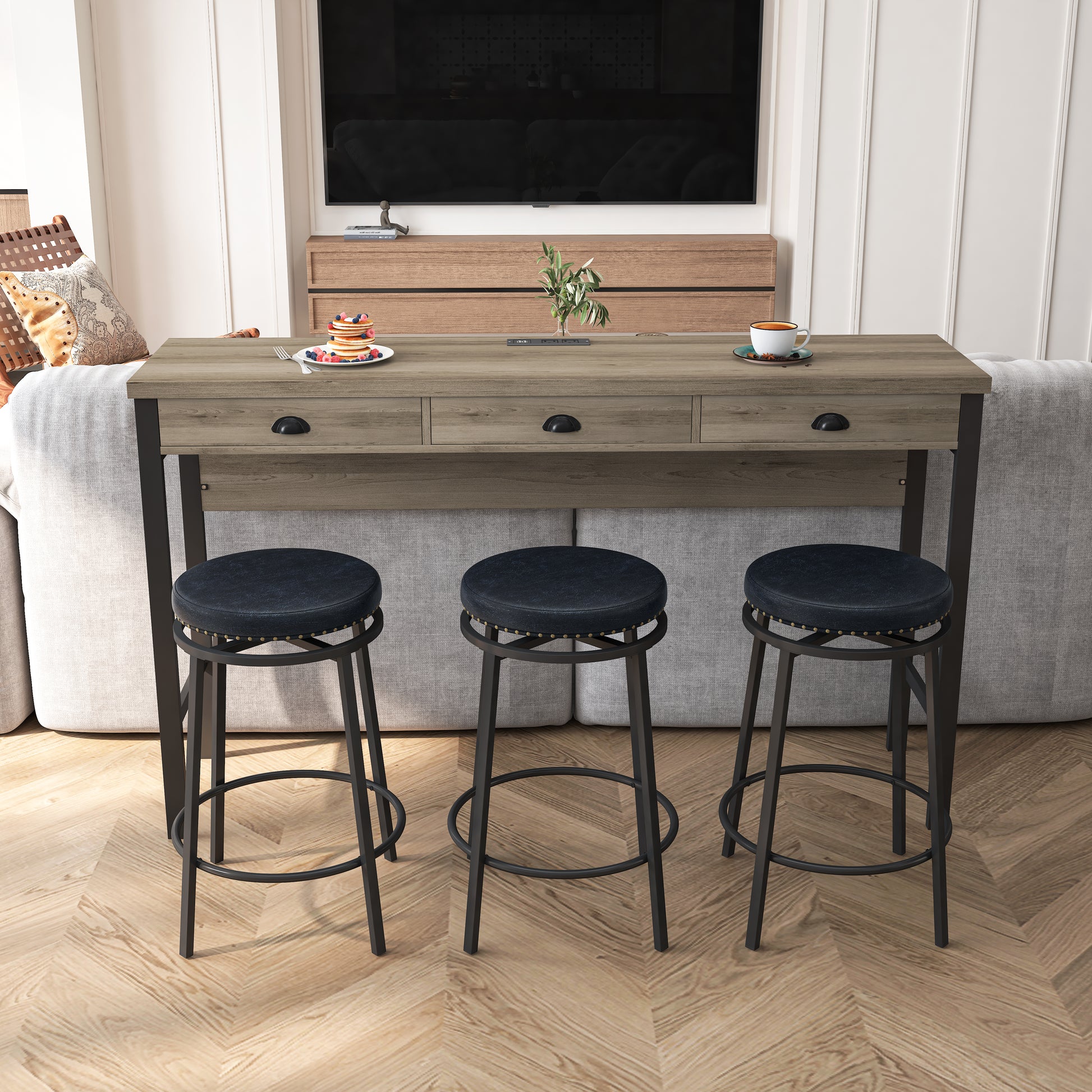 Rustic oak console table with three drawers and black metal legs