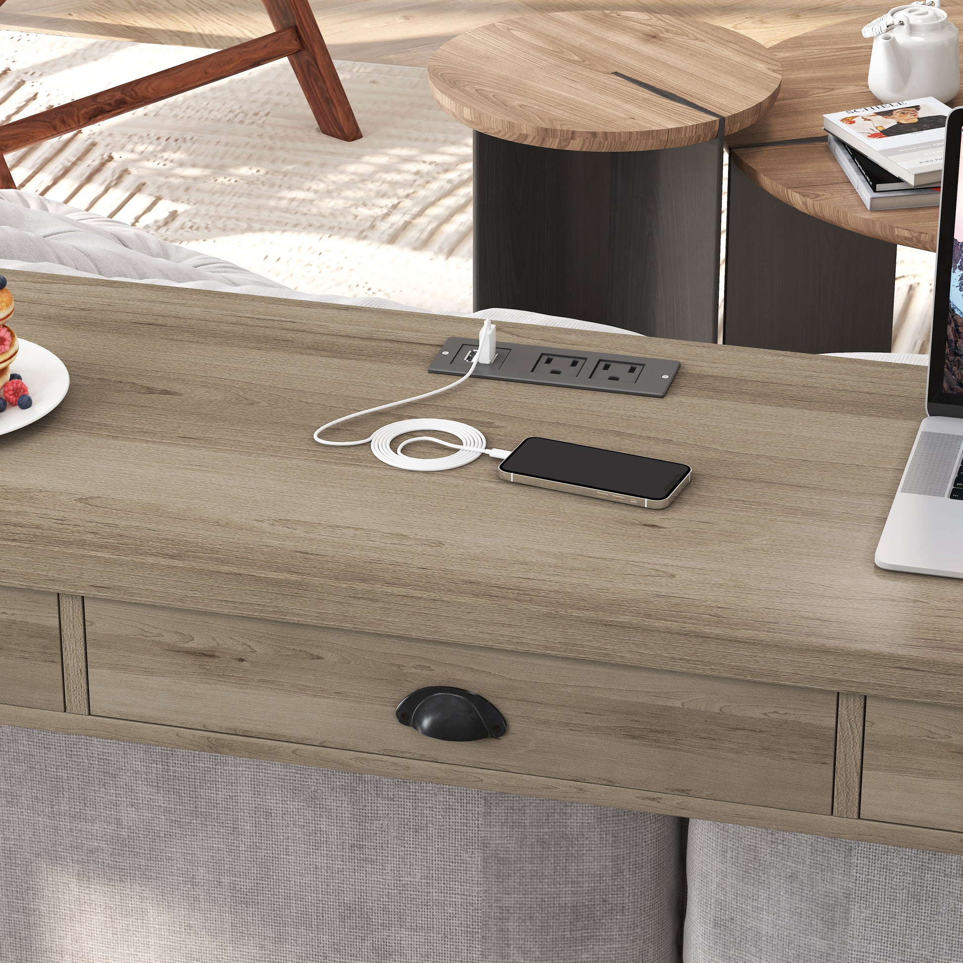 Rustic wood desk with integrated charging station