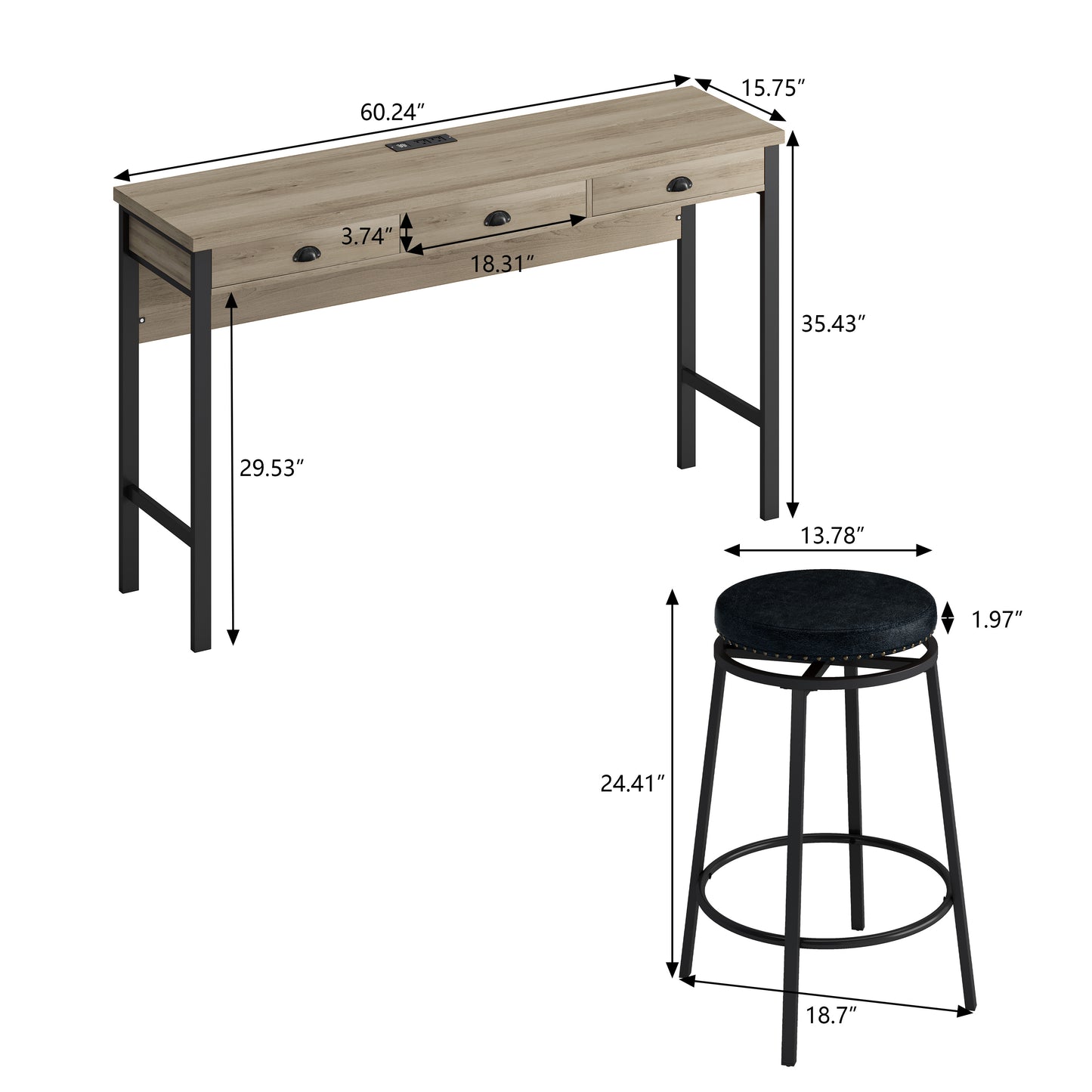 Rustic oak writing desk with black metal frame and two drawers