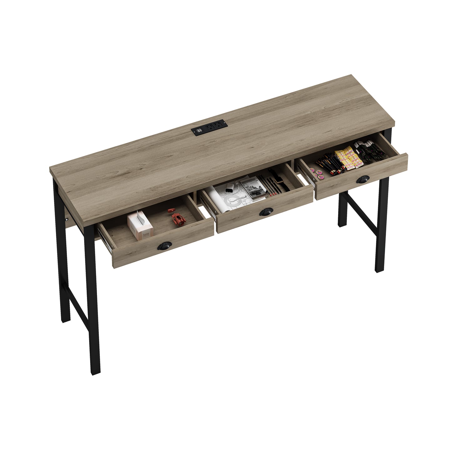 Gray wood grain desk with three open drawers and builtin power strip