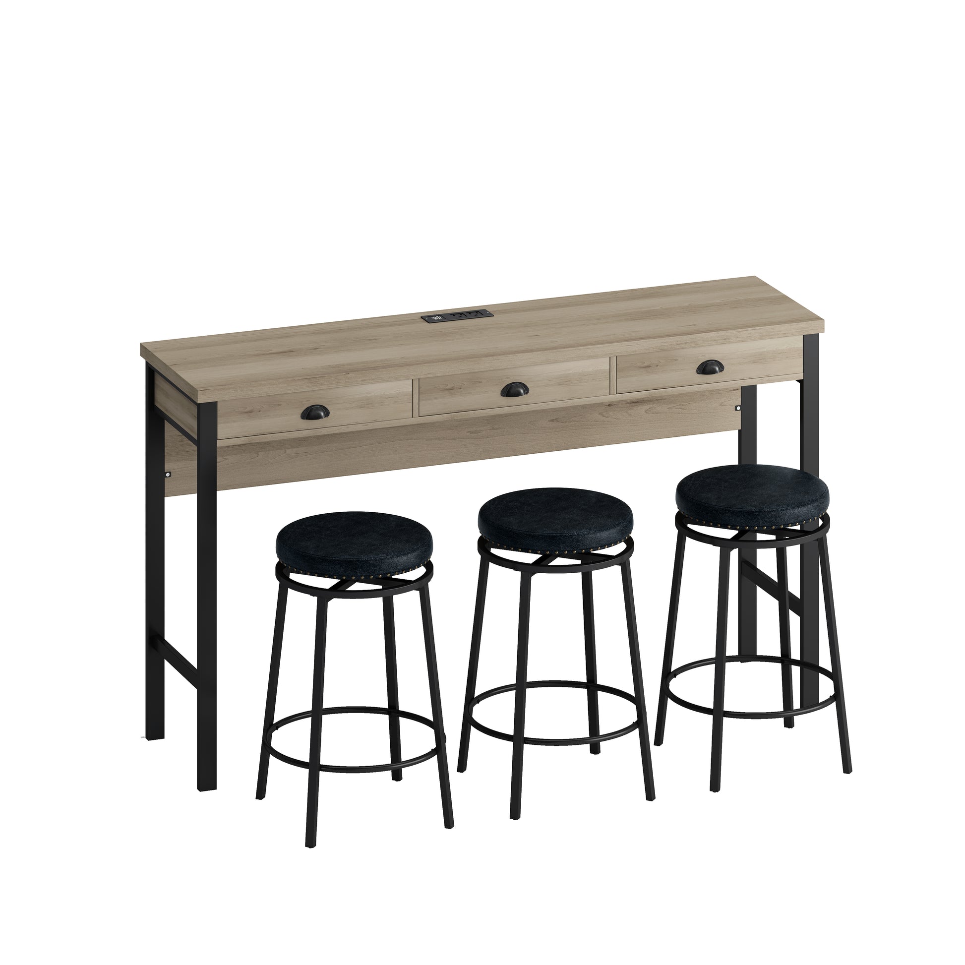 Rustic wood bar table with builtin power outlets and three black stools