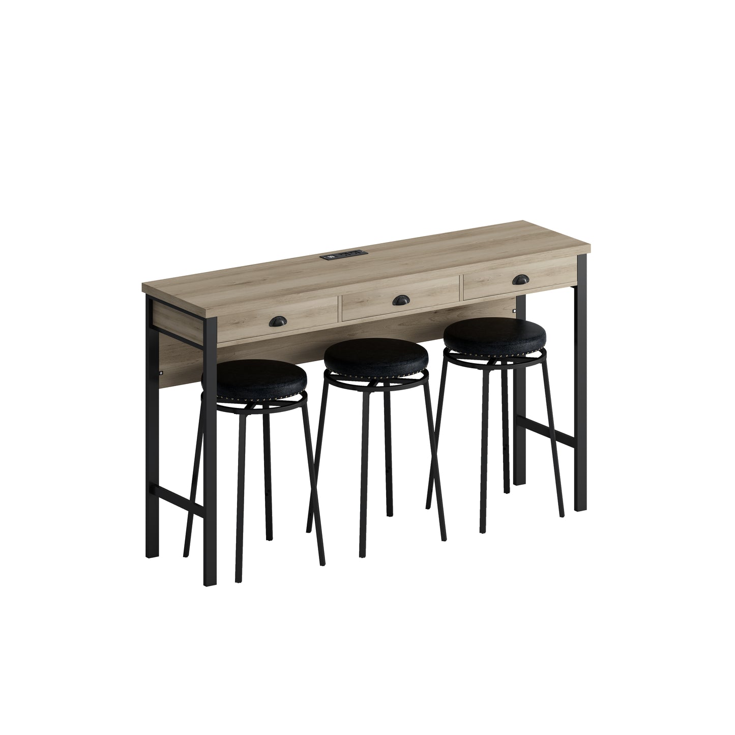 Rustic oak console table with black metal frame and three black padded stools