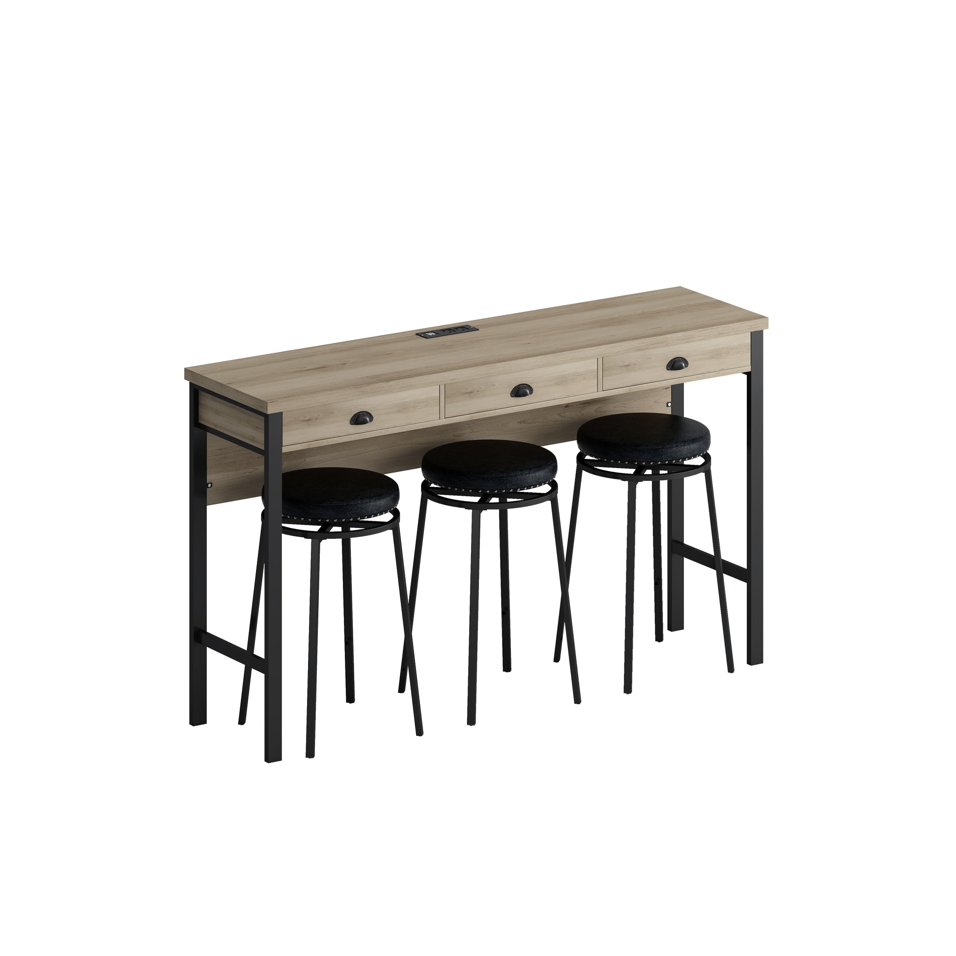 Rustic oak console table with black metal frame and three black padded stools