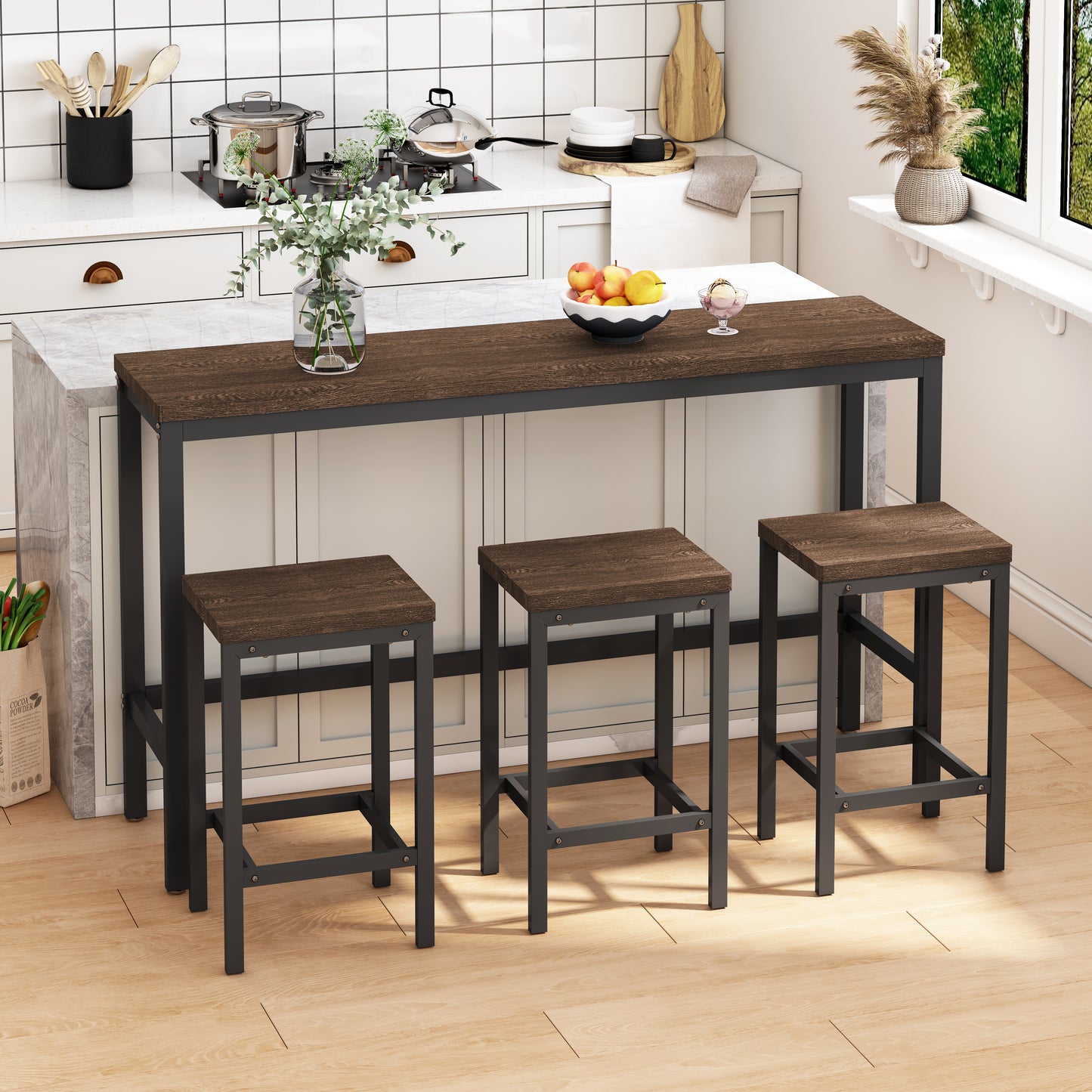 Dark wood industrial bar table and three matching stools with metal legs