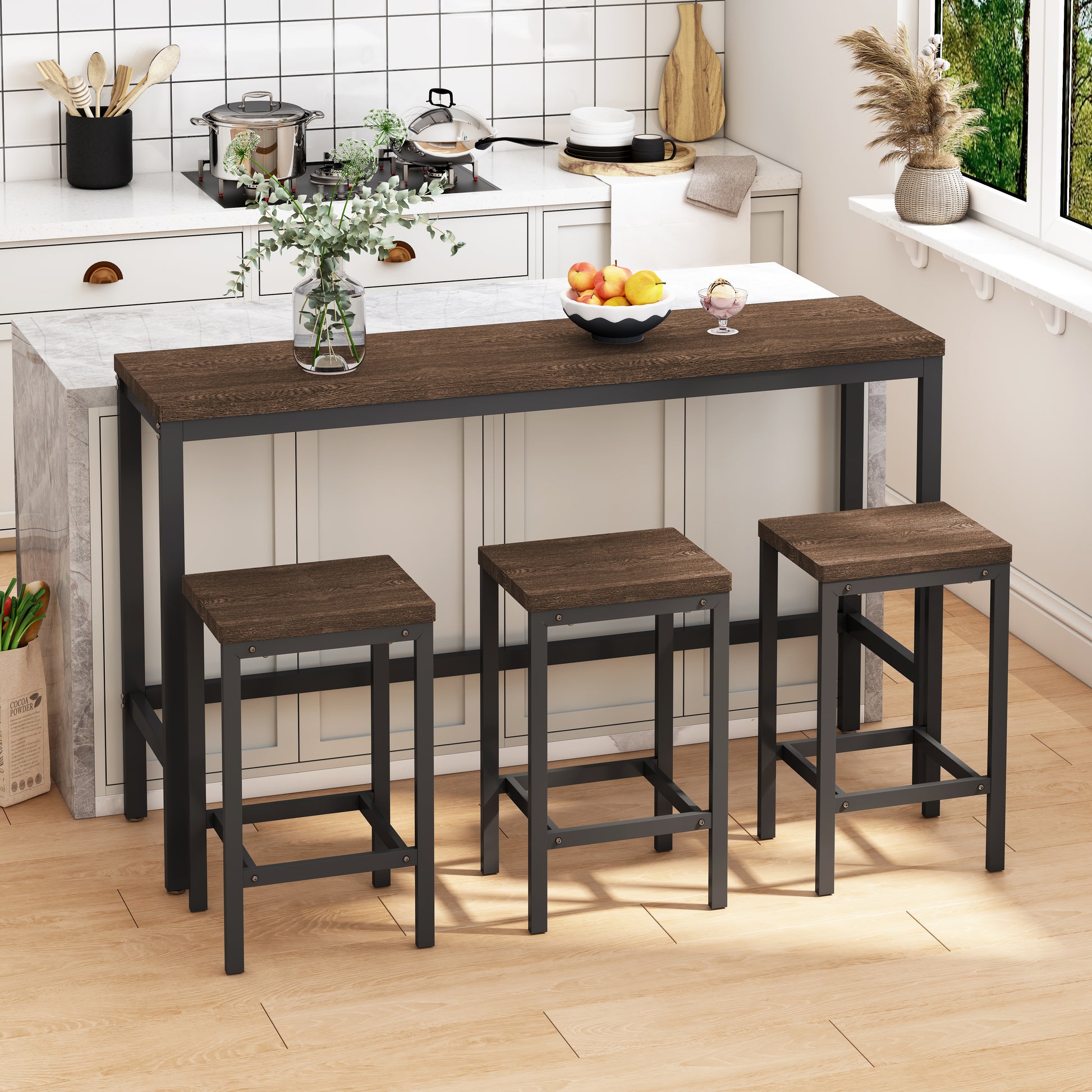 Dark wood industrial bar table and three matching stools with metal legs