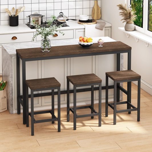 Dark wood industrial bar table and three matching stools with metal legs