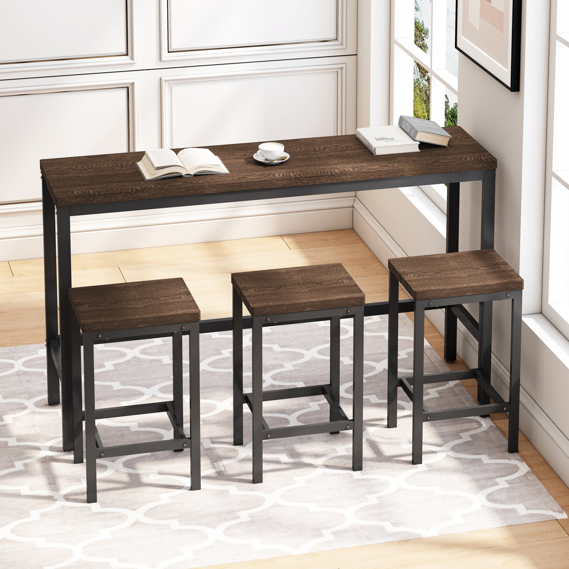 Dark wood and black metal bar height table set with three stools